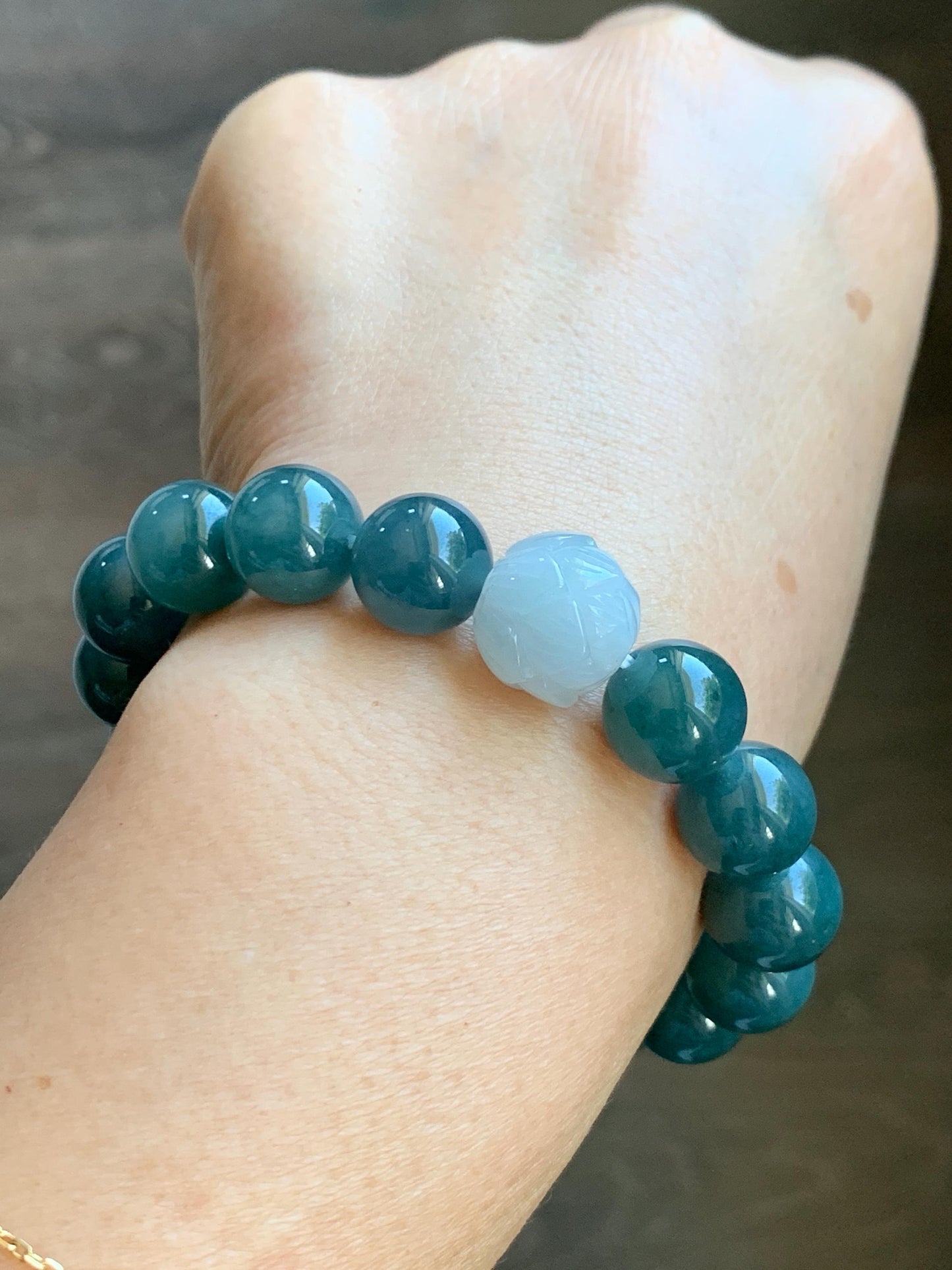 Natural Grade A Guatemalan Icy Translucent Dark Blue Jade Jadeite Lotus Flower Bead Beaded Bracelet 7.25” 48g 天然冰危深蓝翡翠莲花珠圆珠手串 WLL220