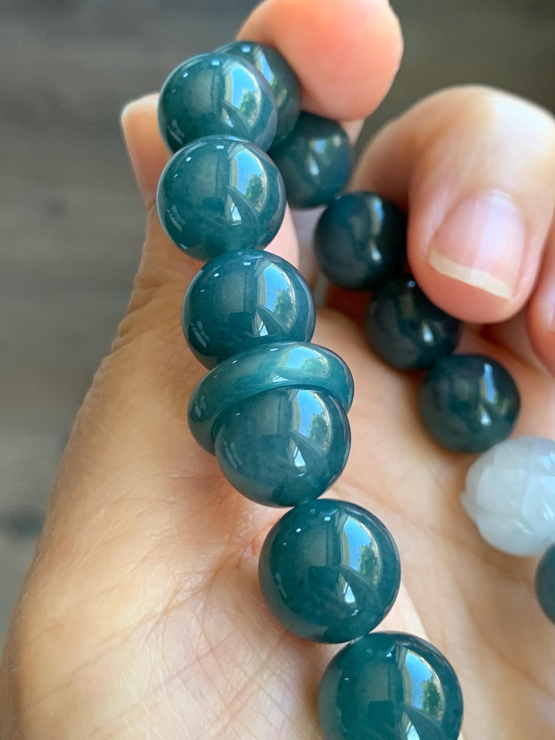 Natural Grade A Guatemalan Icy Translucent Dark Blue Jade Jadeite Lotus Flower Bead Beaded Bracelet 7.25” 48g 天然冰危深蓝翡翠莲花珠圆珠手串 WLL220