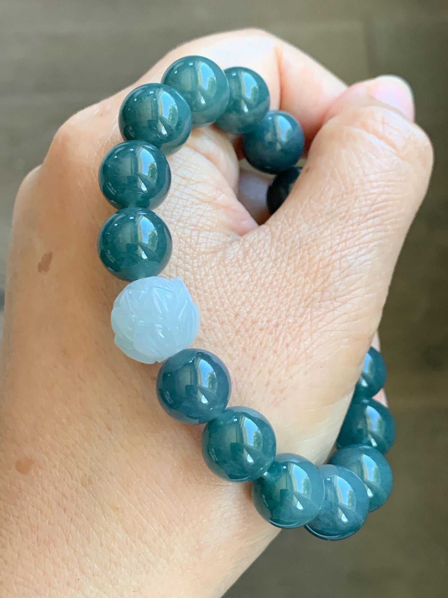 Natural Grade A Guatemalan Icy Translucent Dark Blue Jade Jadeite Lotus Flower Bead Beaded Bracelet 7.25” 48g 天然冰危深蓝翡翠莲花珠圆珠手串 WLL220