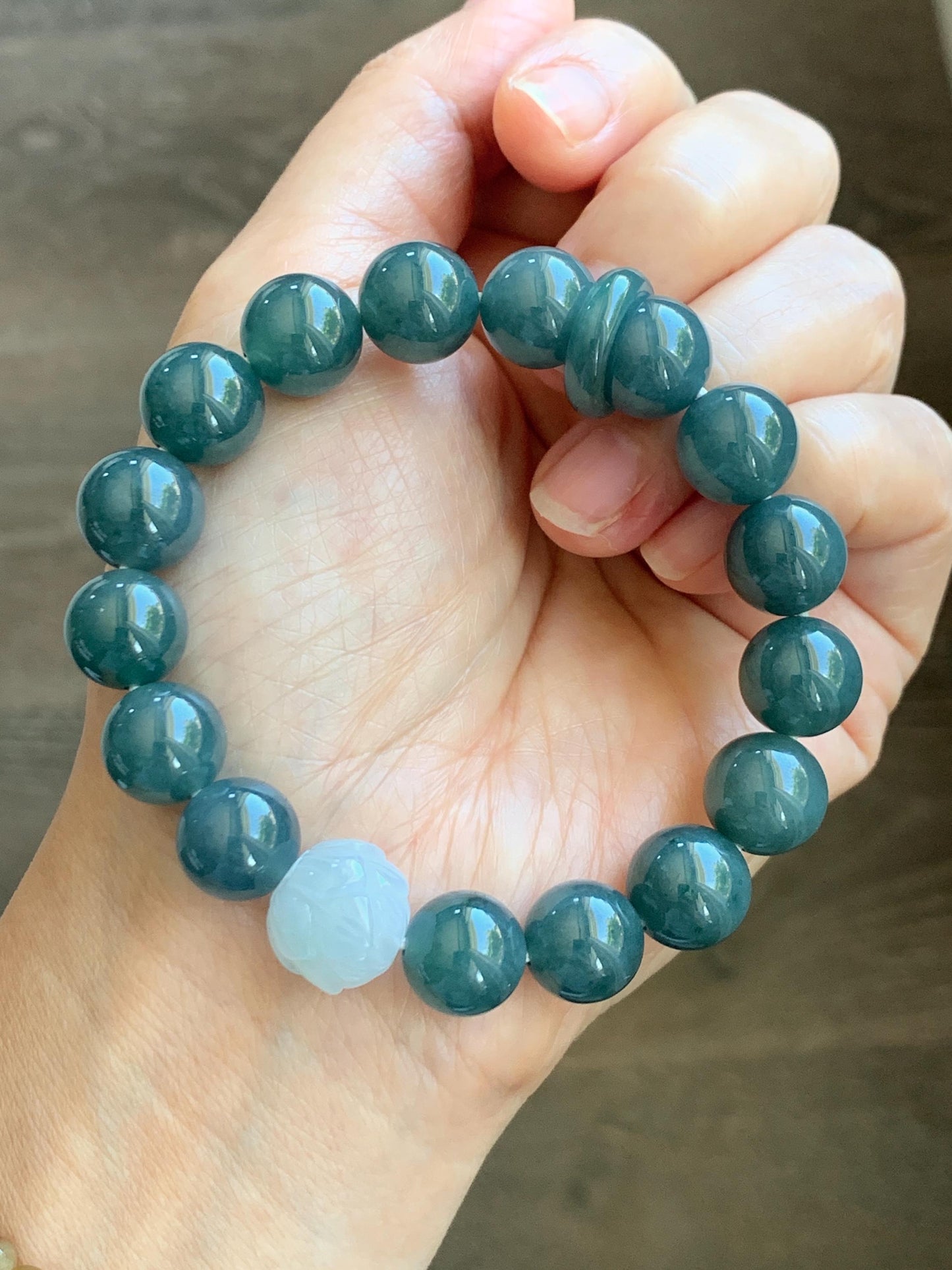 Natural Grade A Guatemalan Icy Translucent Dark Blue Jade Jadeite Lotus Flower Bead Beaded Bracelet 7.25” 48g 天然冰危深蓝翡翠莲花珠圆珠手串 WLL220