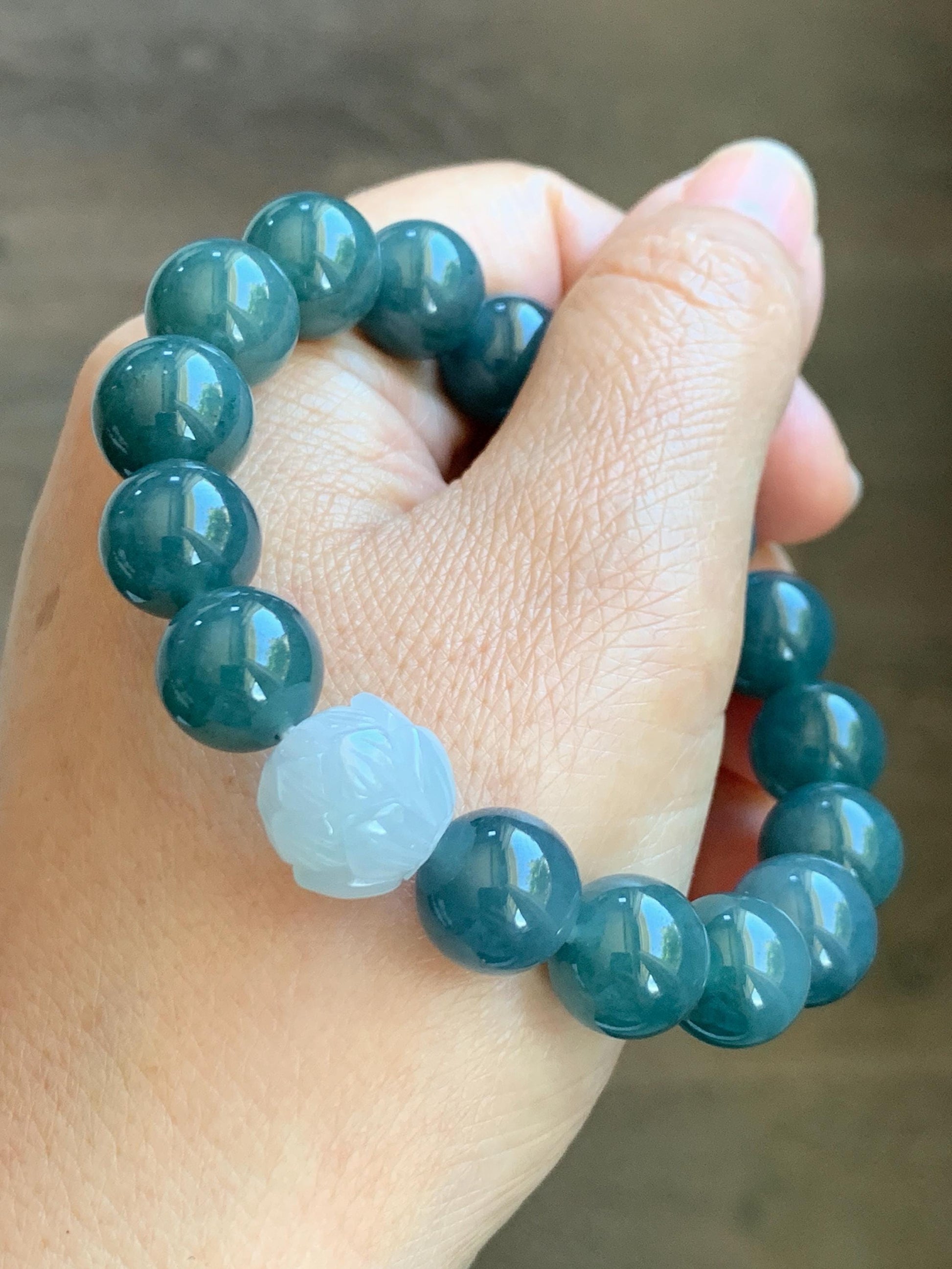 Natural Grade A Guatemalan Icy Translucent Dark Blue Jade Jadeite Lotus Flower Bead Beaded Bracelet 7.25” 48g 天然冰危深蓝翡翠莲花珠圆珠手串 WLL220