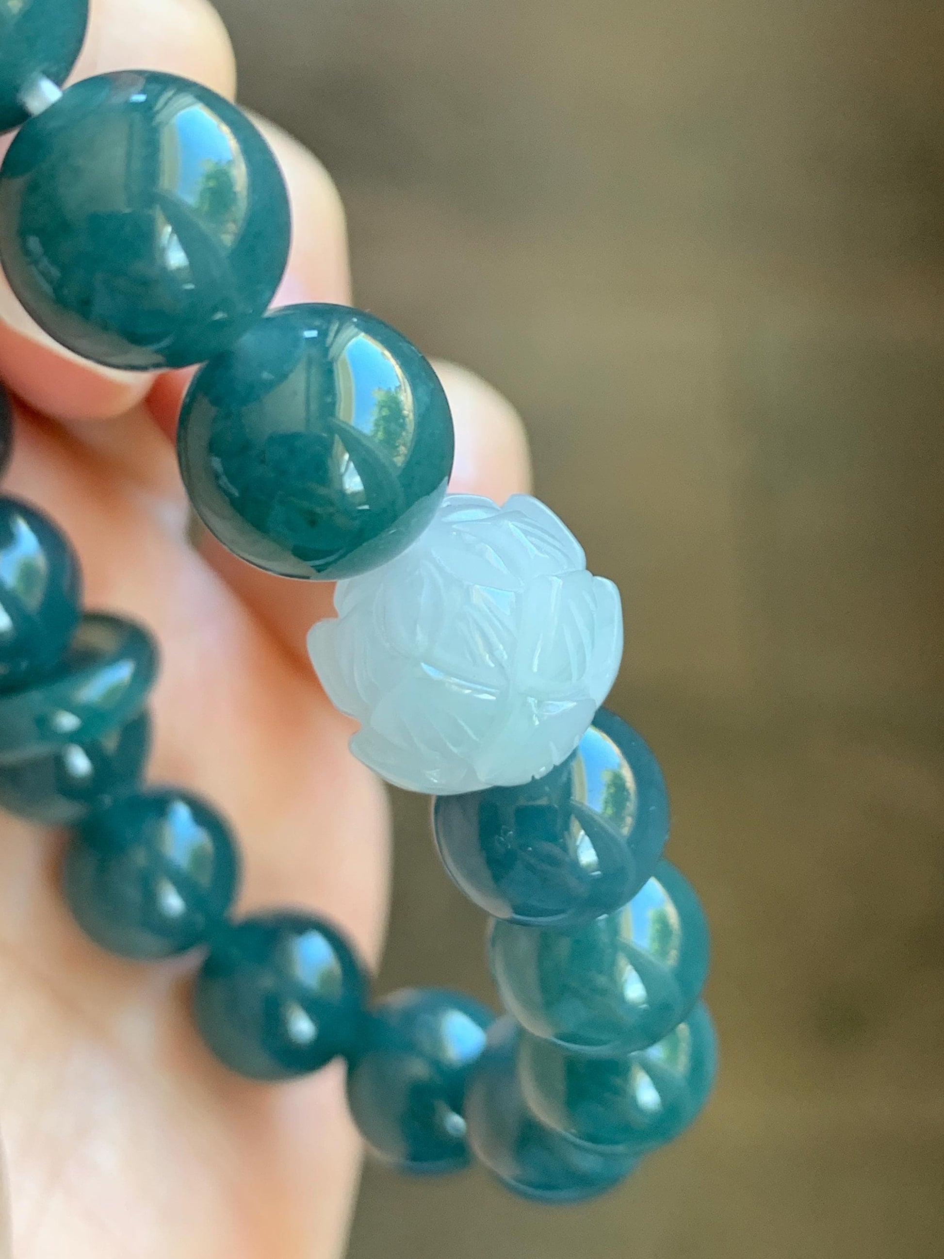 Natural Grade A Guatemalan Icy Translucent Dark Blue Jade Jadeite Lotus Flower Bead Beaded Bracelet 7.25” 48g 天然冰危深蓝翡翠莲花珠圆珠手串 WLL220