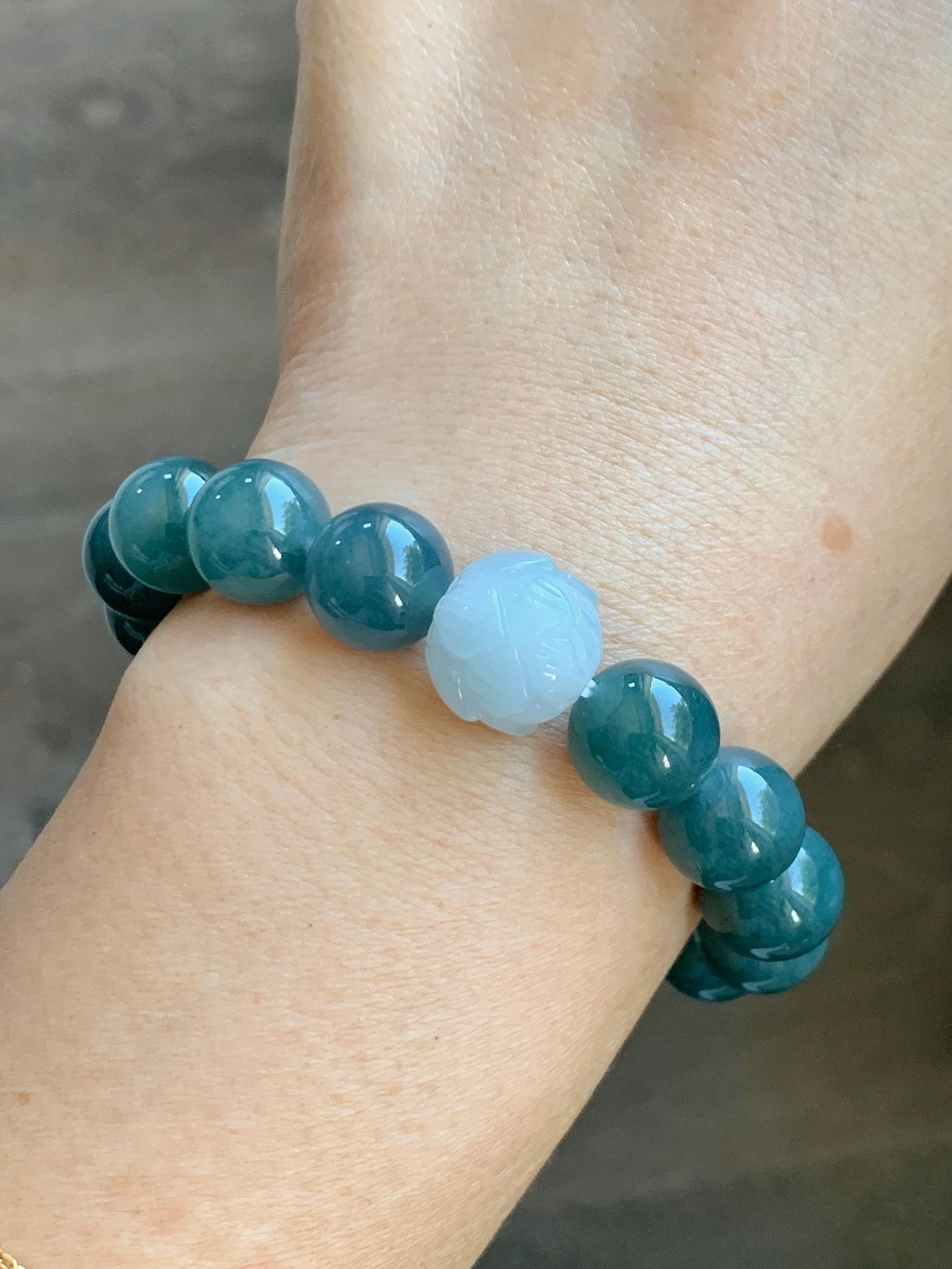 Natural Grade A Guatemalan Icy Translucent Dark Blue Jade Jadeite Lotus Flower Bead Beaded Bracelet 7.25” 48g 天然冰危深蓝翡翠莲花珠圆珠手串 WLL220