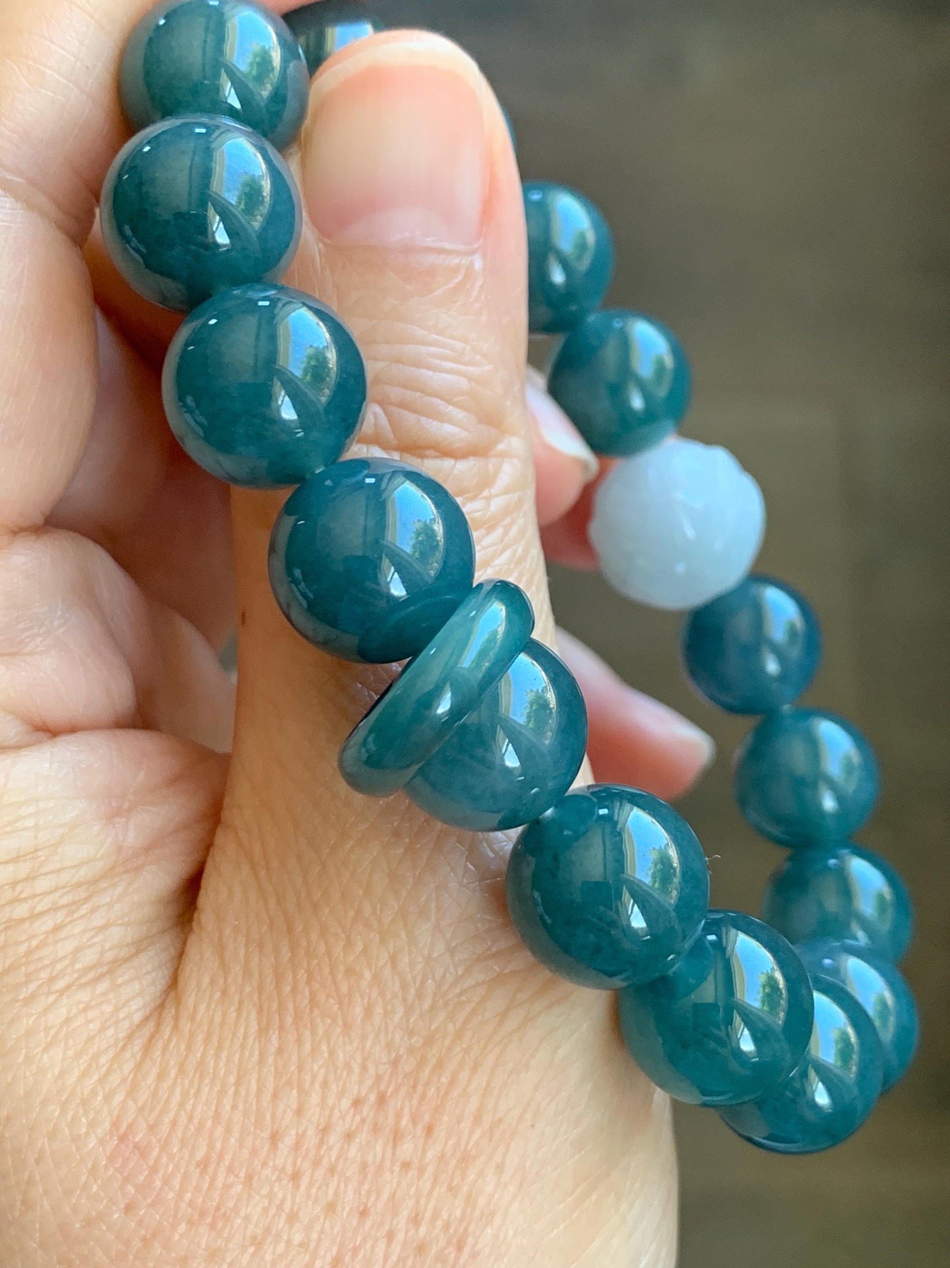 Natural Grade A Guatemalan Icy Translucent Dark Blue Jade Jadeite Lotus Flower Bead Beaded Bracelet 7.25” 48g 天然冰危深蓝翡翠莲花珠圆珠手串 WLL220