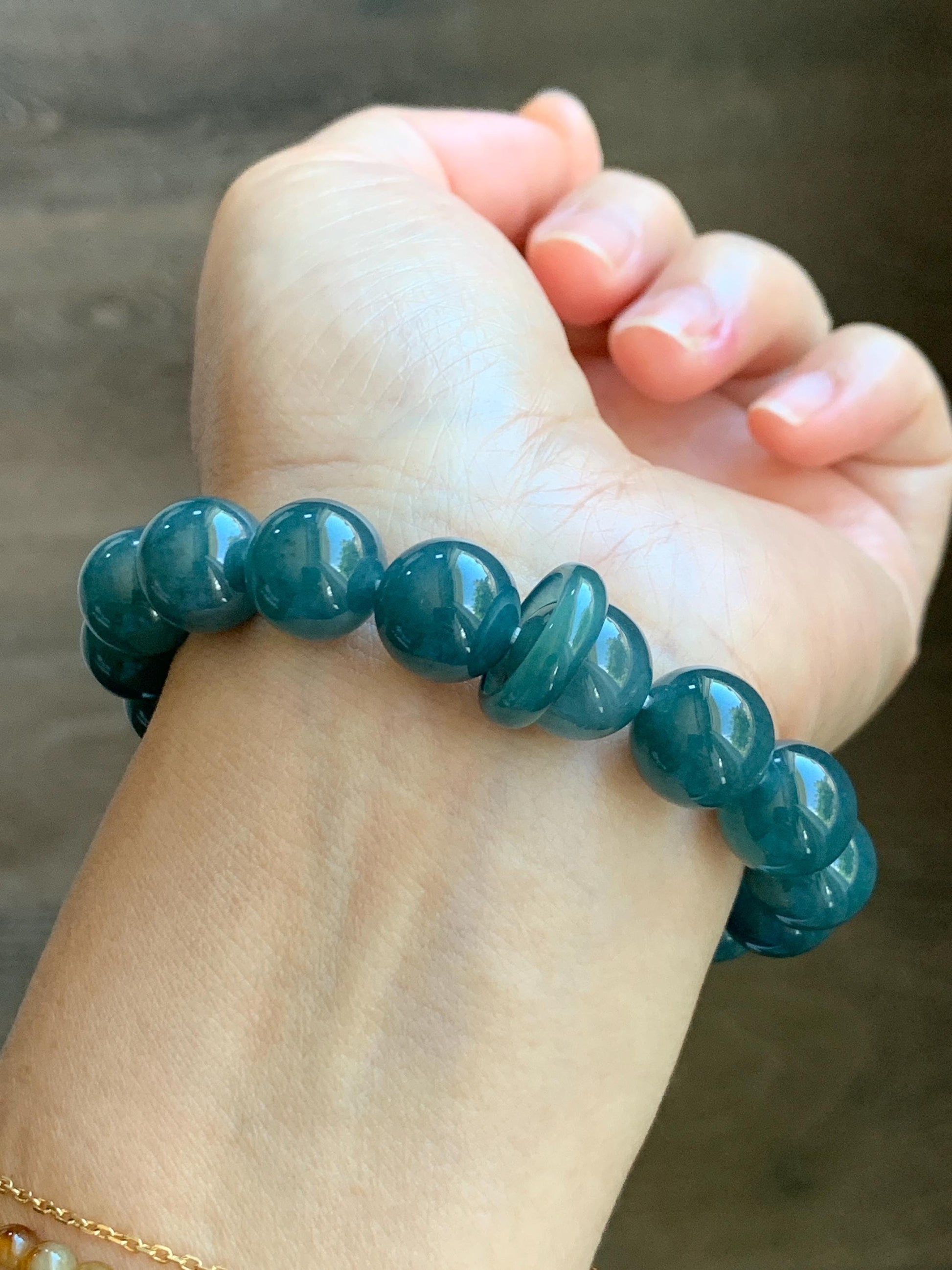 Natural Grade A Guatemalan Icy Translucent Dark Blue Jade Jadeite Lotus Flower Bead Beaded Bracelet 7.25” 48g 天然冰危深蓝翡翠莲花珠圆珠手串 WLL220