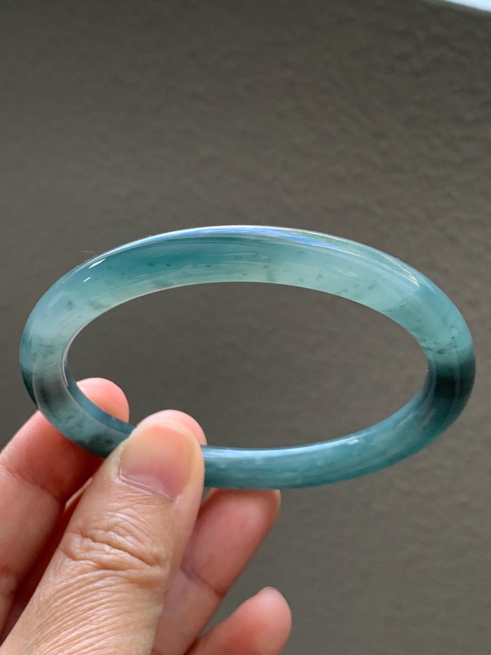 Certified Natural Grade A Guatemalan Icy Translucent Dusty Teal Green Wuji Jade Jadeite Bangle 58.7mm 7.26” 34g 天然冰胶危蓝绿乌鸡翡翠圆条手镯 1180