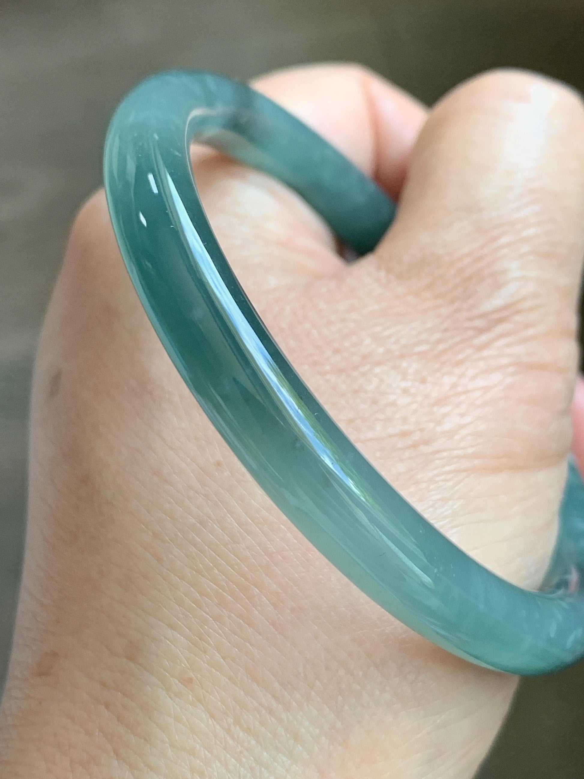Certified Natural Grade A Guatemalan Icy Translucent Dusty Teal Green Wuji Jade Jadeite Bangle 58.7mm 7.26” 34g 天然冰胶危蓝绿乌鸡翡翠圆条手镯 1180