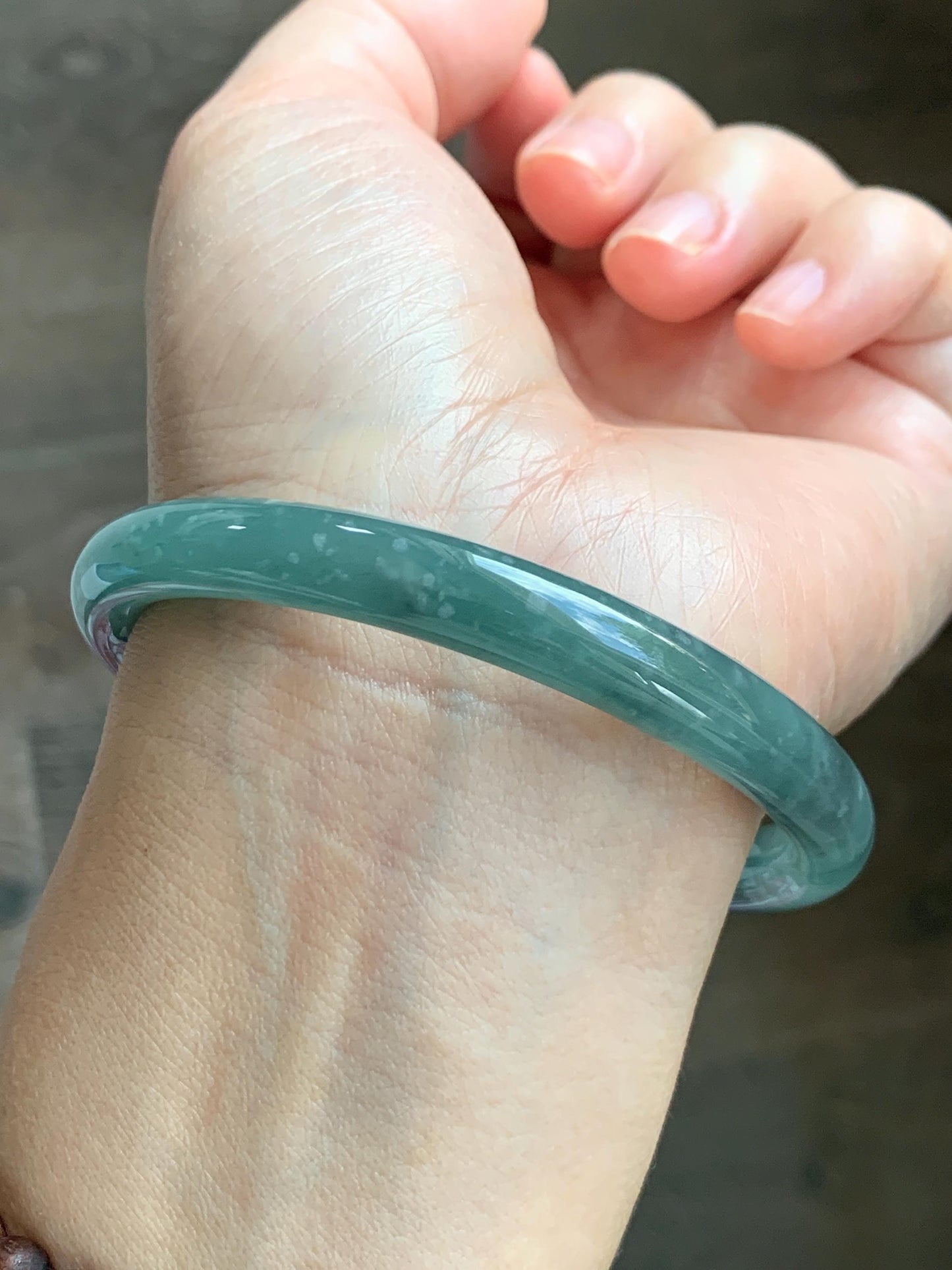 Certified Natural Grade A Guatemalan Icy Translucent Dusty Teal Green Wuji Jade Jadeite Bangle 58.7mm 7.26” 34g 天然冰胶危蓝绿乌鸡翡翠圆条手镯 1180