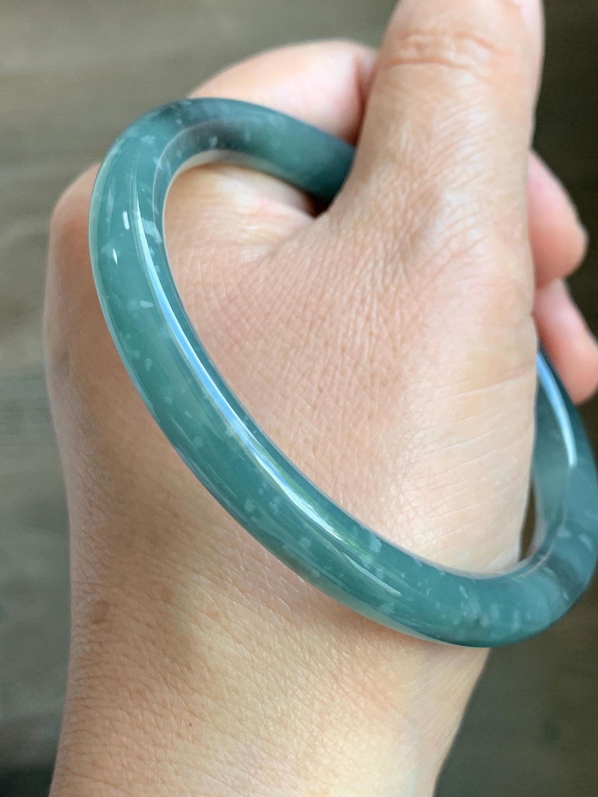Certified Natural Grade A Guatemalan Icy Translucent Dusty Teal Green Wuji Jade Jadeite Bangle 58.7mm 7.26” 34g 天然冰胶危蓝绿乌鸡翡翠圆条手镯 1180