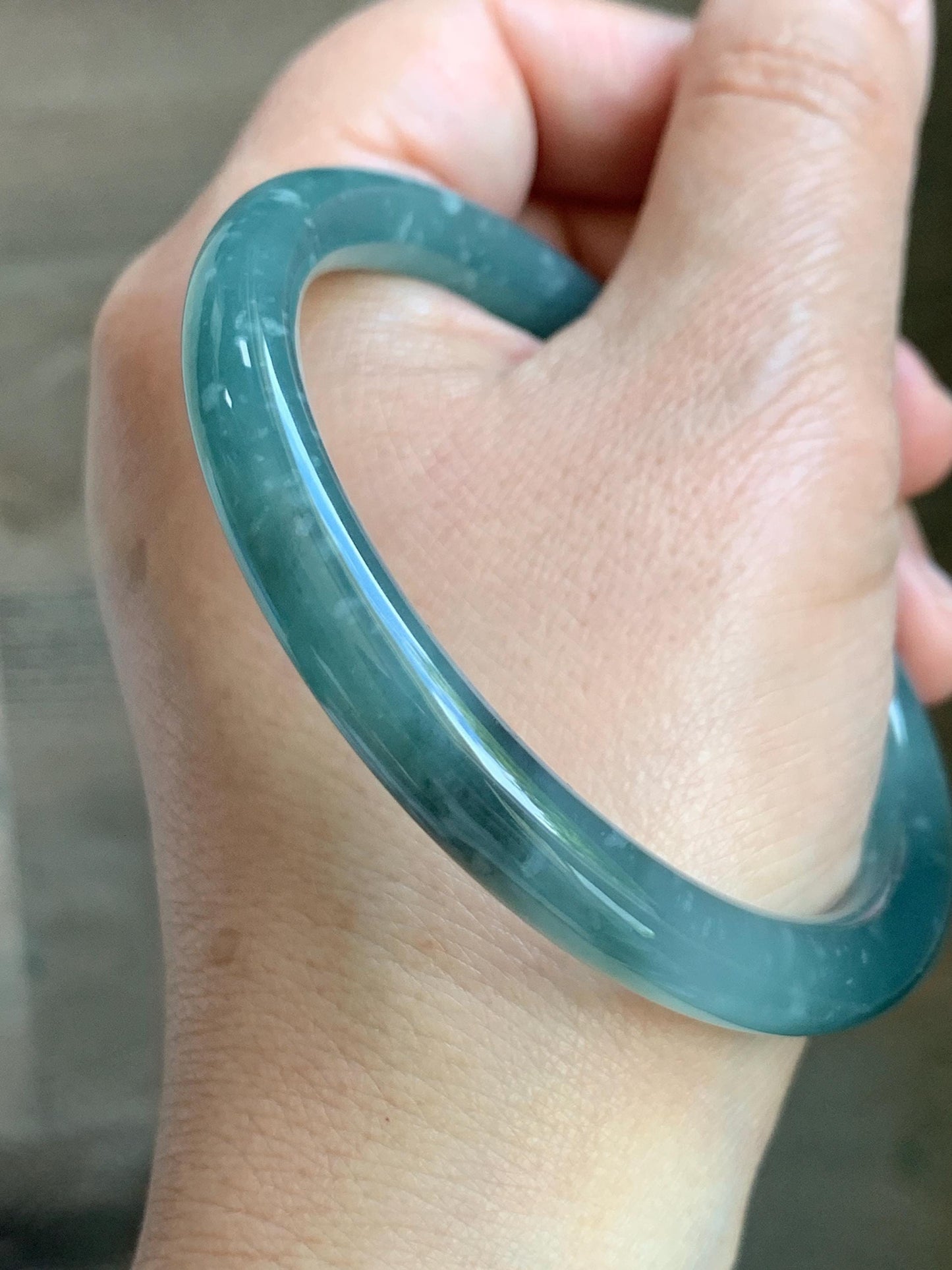 Certified Natural Grade A Guatemalan Icy Translucent Dusty Teal Green Wuji Jade Jadeite Bangle 58.7mm 7.26” 34g 天然冰胶危蓝绿乌鸡翡翠圆条手镯 1180