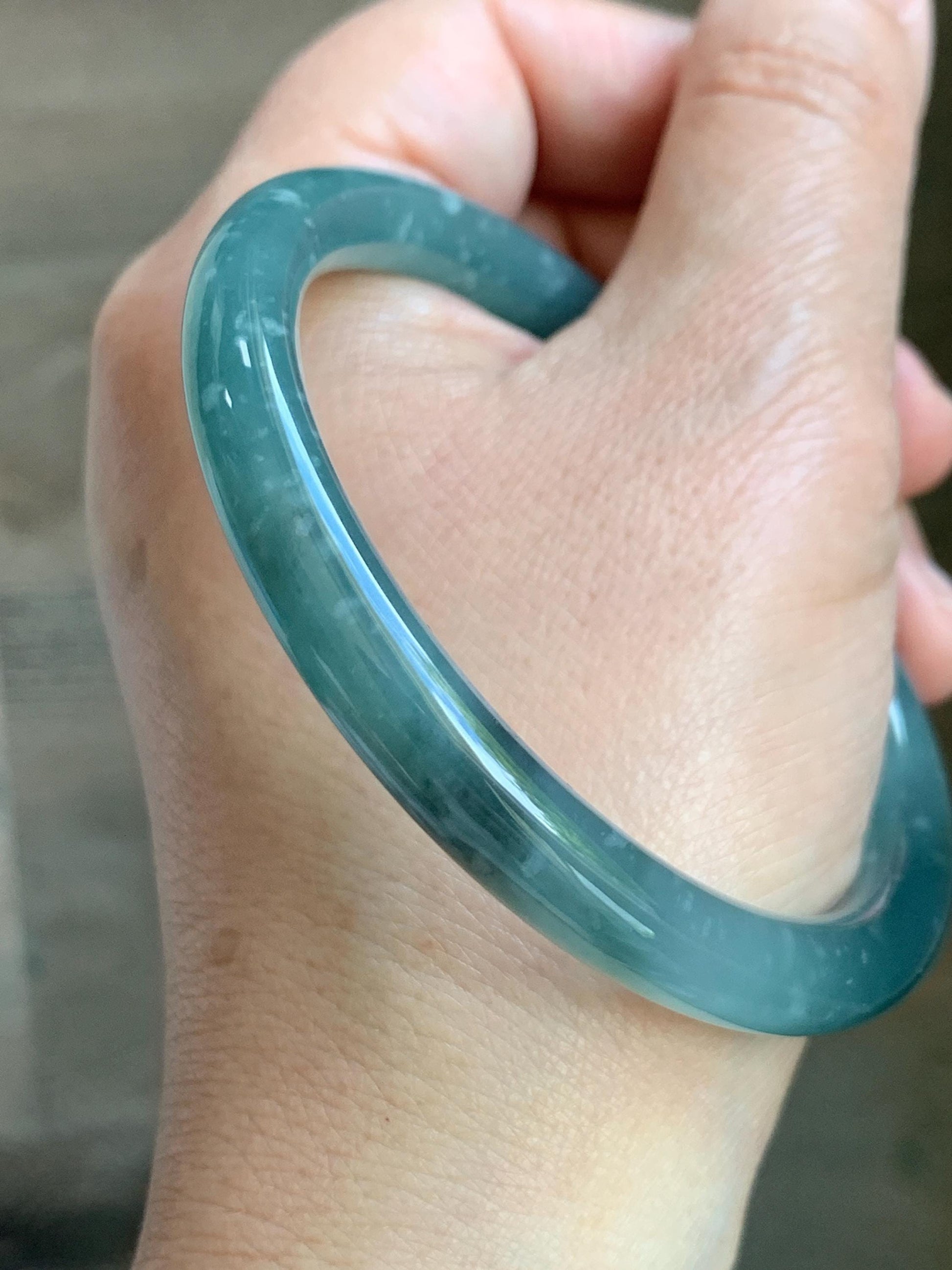 Certified Natural Grade A Guatemalan Icy Translucent Dusty Teal Green Wuji Jade Jadeite Bangle 58.7mm 7.26” 34g 天然冰胶危蓝绿乌鸡翡翠圆条手镯 1180