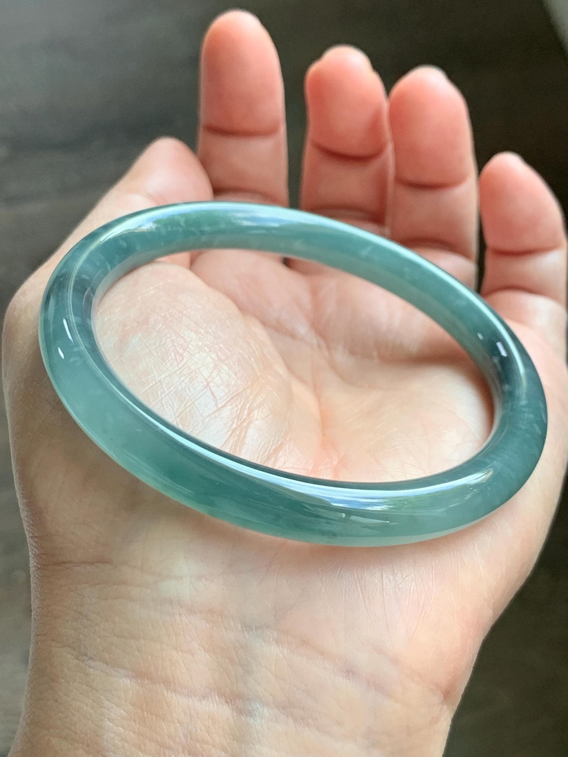 Certified Natural Grade A Guatemalan Icy Translucent Dusty Teal Green Wuji Jade Jadeite Bangle 58.7mm 7.26” 34g 天然冰胶危蓝绿乌鸡翡翠圆条手镯 1180