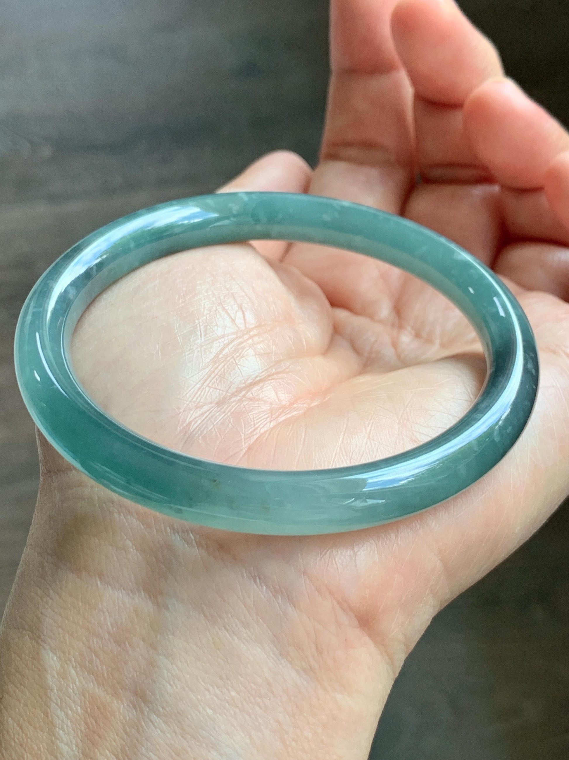 Certified Natural Grade A Guatemalan Icy Translucent Dusty Teal Green Wuji Jade Jadeite Bangle 58.7mm 7.26” 34g 天然冰胶危蓝绿乌鸡翡翠圆条手镯 1180