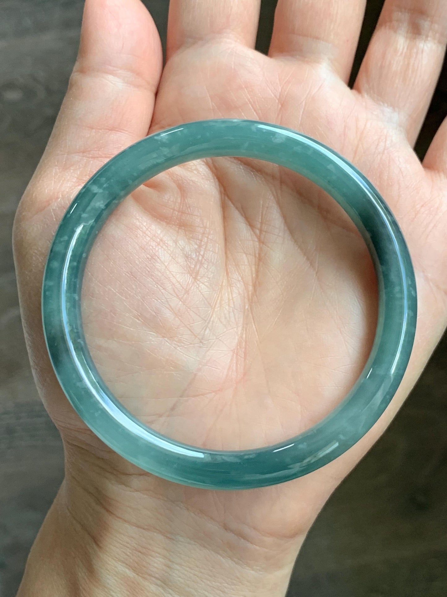 Certified Natural Grade A Guatemalan Icy Translucent Dusty Teal Green Wuji Jade Jadeite Bangle 58.7mm 7.26” 34g 天然冰胶危蓝绿乌鸡翡翠圆条手镯 1180