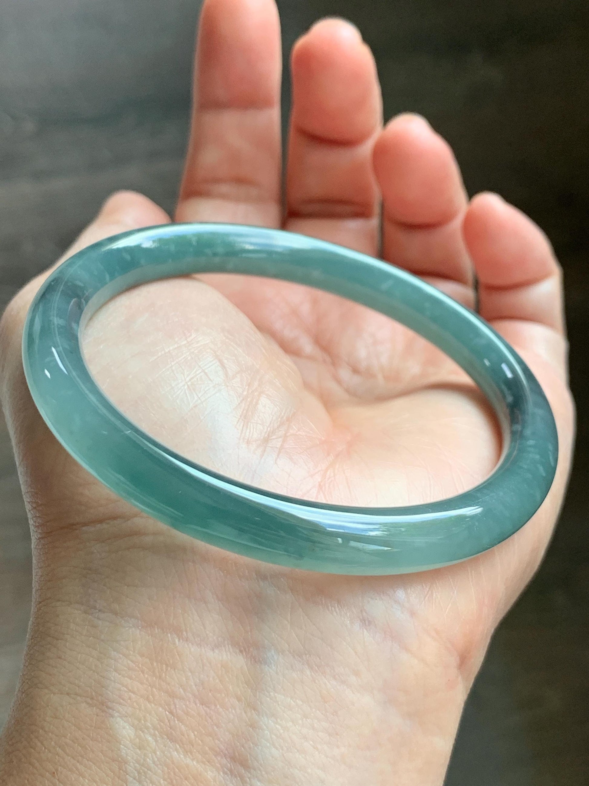 Certified Natural Grade A Guatemalan Icy Translucent Dusty Teal Green Wuji Jade Jadeite Bangle 58.7mm 7.26” 34g 天然冰胶危蓝绿乌鸡翡翠圆条手镯 1180