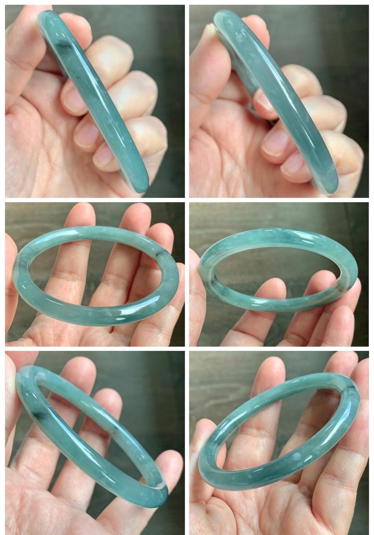 Certified Natural Grade A Guatemalan Icy Translucent Dusty Teal Green Wuji Jade Jadeite Bangle 58.46mm 7.23” 31g 天然冰胶危蓝绿乌鸡翡翠圆条手镯 1182