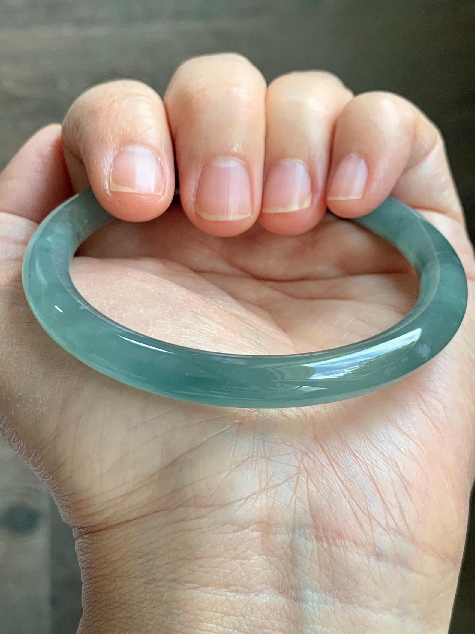 Certified Natural Grade A Guatemalan Icy Translucent Dusty Teal Green Wuji Jade Jadeite Bangle 58.46mm 7.23” 31g 天然冰胶危蓝绿乌鸡翡翠圆条手镯 1182
