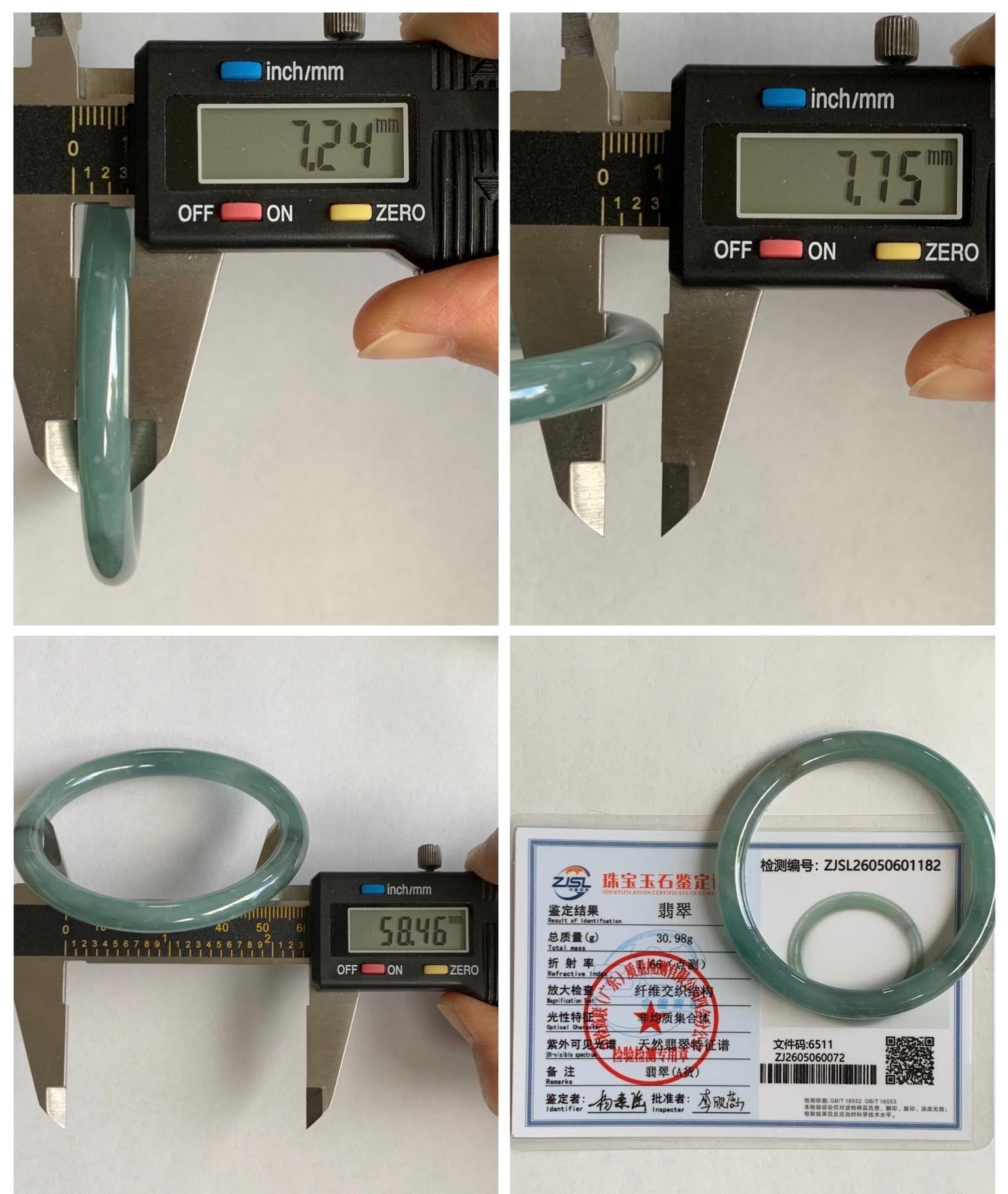 Certified Natural Grade A Guatemalan Icy Translucent Dusty Teal Green Wuji Jade Jadeite Bangle 58.46mm 7.23” 31g 天然冰胶危蓝绿乌鸡翡翠圆条手镯 1182