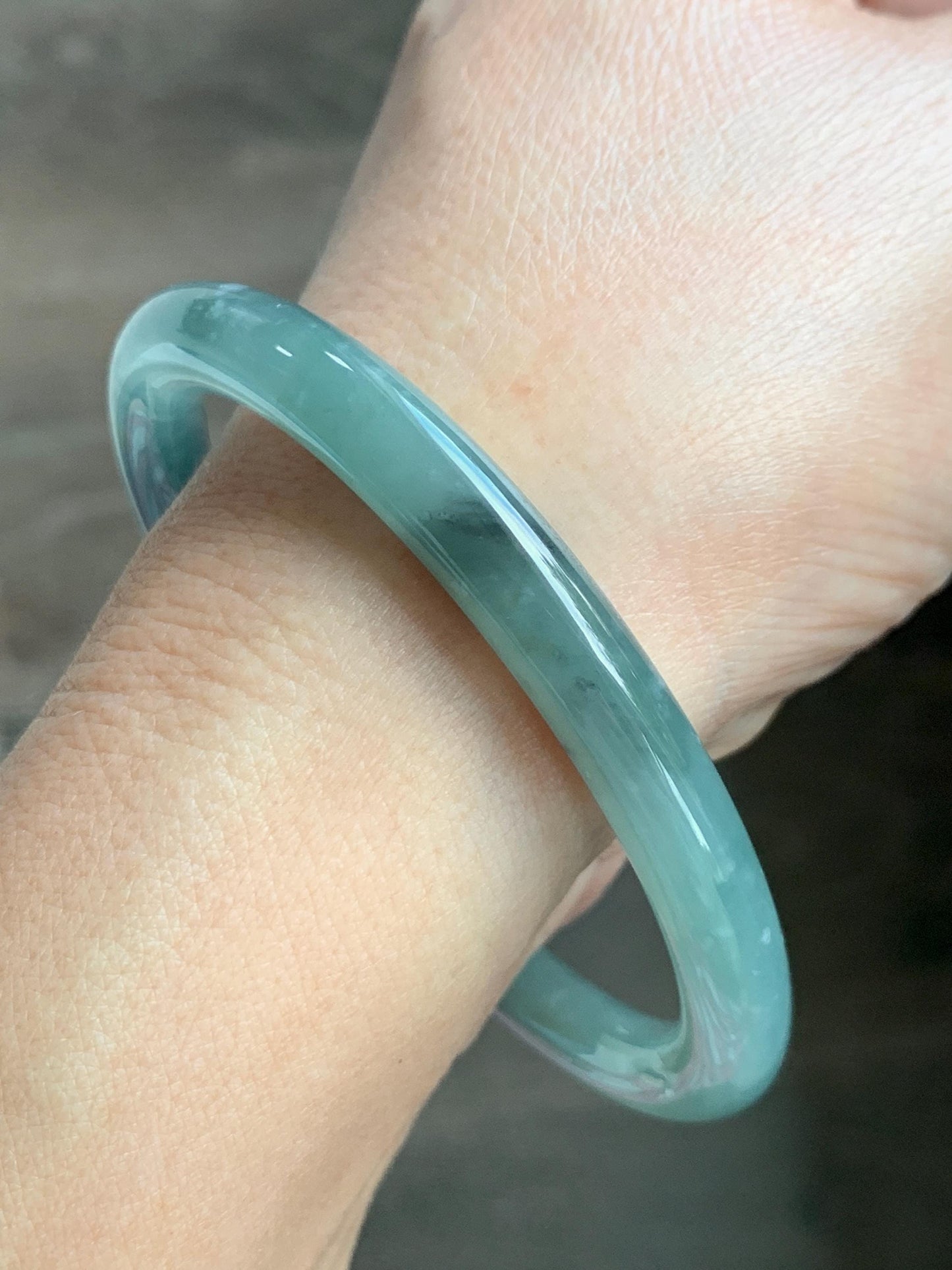 Certified Natural Grade A Guatemalan Icy Translucent Dusty Teal Green Wuji Jade Jadeite Bangle 58.46mm 7.23” 31g 天然冰胶危蓝绿乌鸡翡翠圆条手镯 1182
