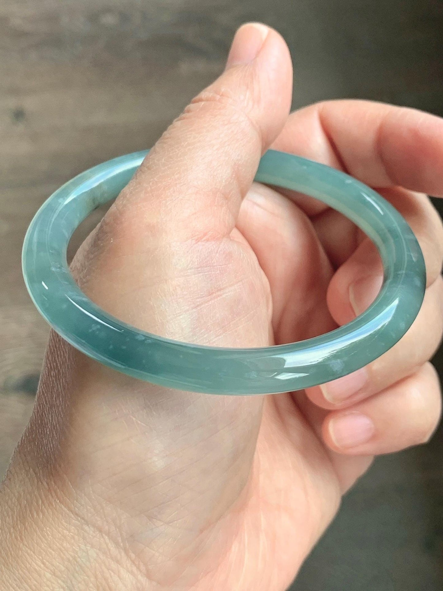 Certified Natural Grade A Guatemalan Icy Translucent Dusty Teal Green Wuji Jade Jadeite Bangle 58.46mm 7.23” 31g 天然冰胶危蓝绿乌鸡翡翠圆条手镯 1182