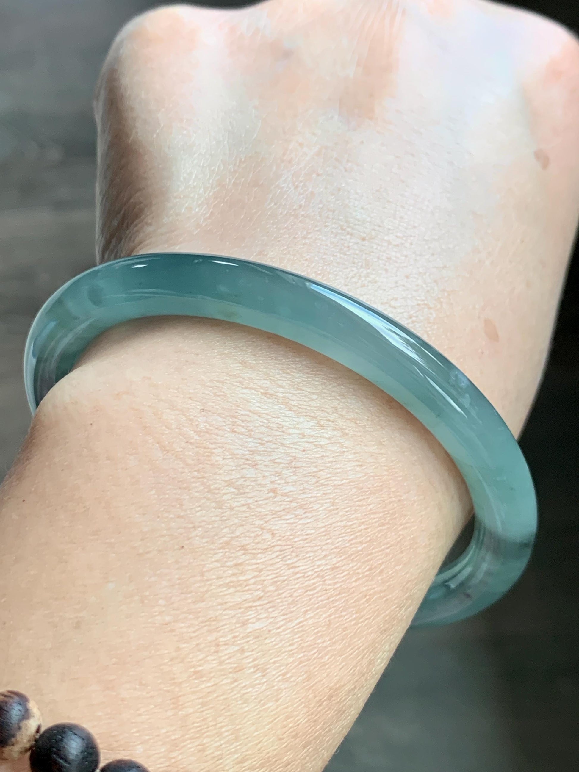 Certified Natural Grade A Guatemalan Icy Translucent Dusty Teal Green Wuji Jade Jadeite Bangle 58.46mm 7.23” 31g 天然冰胶危蓝绿乌鸡翡翠圆条手镯 1182