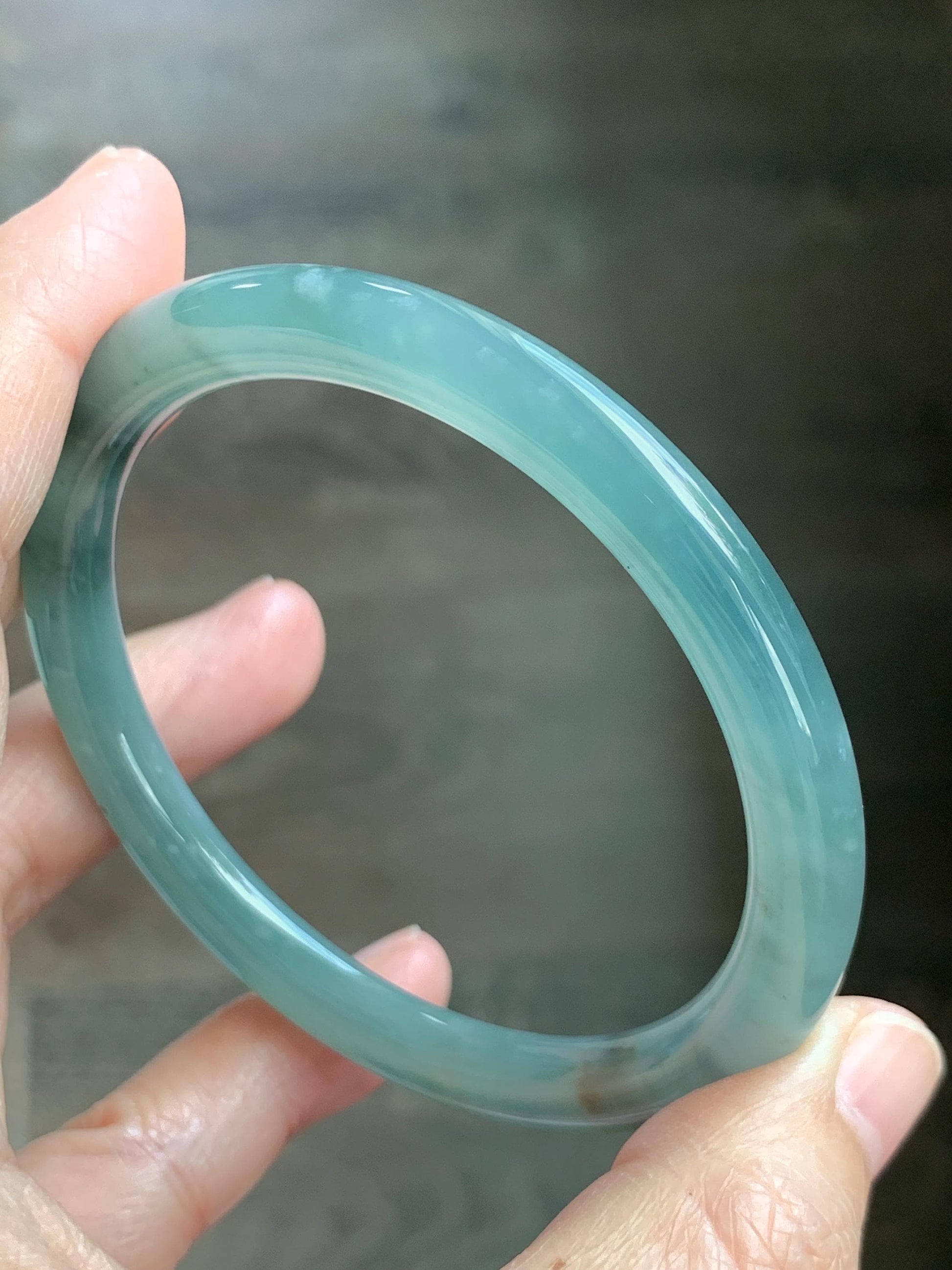 Certified Natural Grade A Guatemalan Icy Translucent Dusty Teal Green Wuji Jade Jadeite Bangle 58.46mm 7.23” 31g 天然冰胶危蓝绿乌鸡翡翠圆条手镯 1182