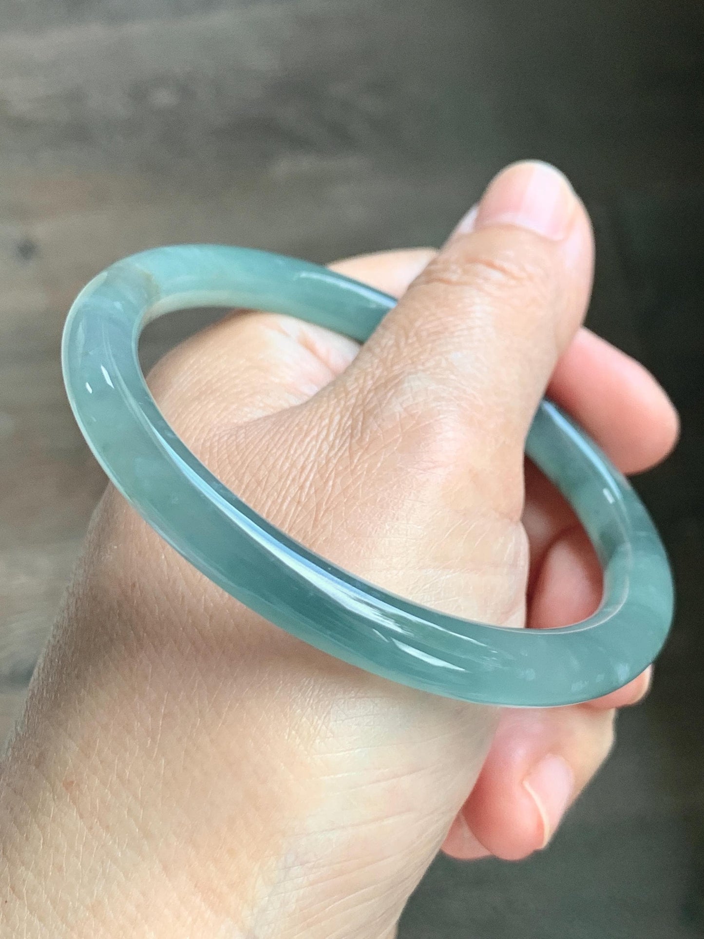 Certified Natural Grade A Guatemalan Icy Translucent Dusty Teal Green Wuji Jade Jadeite Bangle 58.46mm 7.23” 31g 天然冰胶危蓝绿乌鸡翡翠圆条手镯 1182