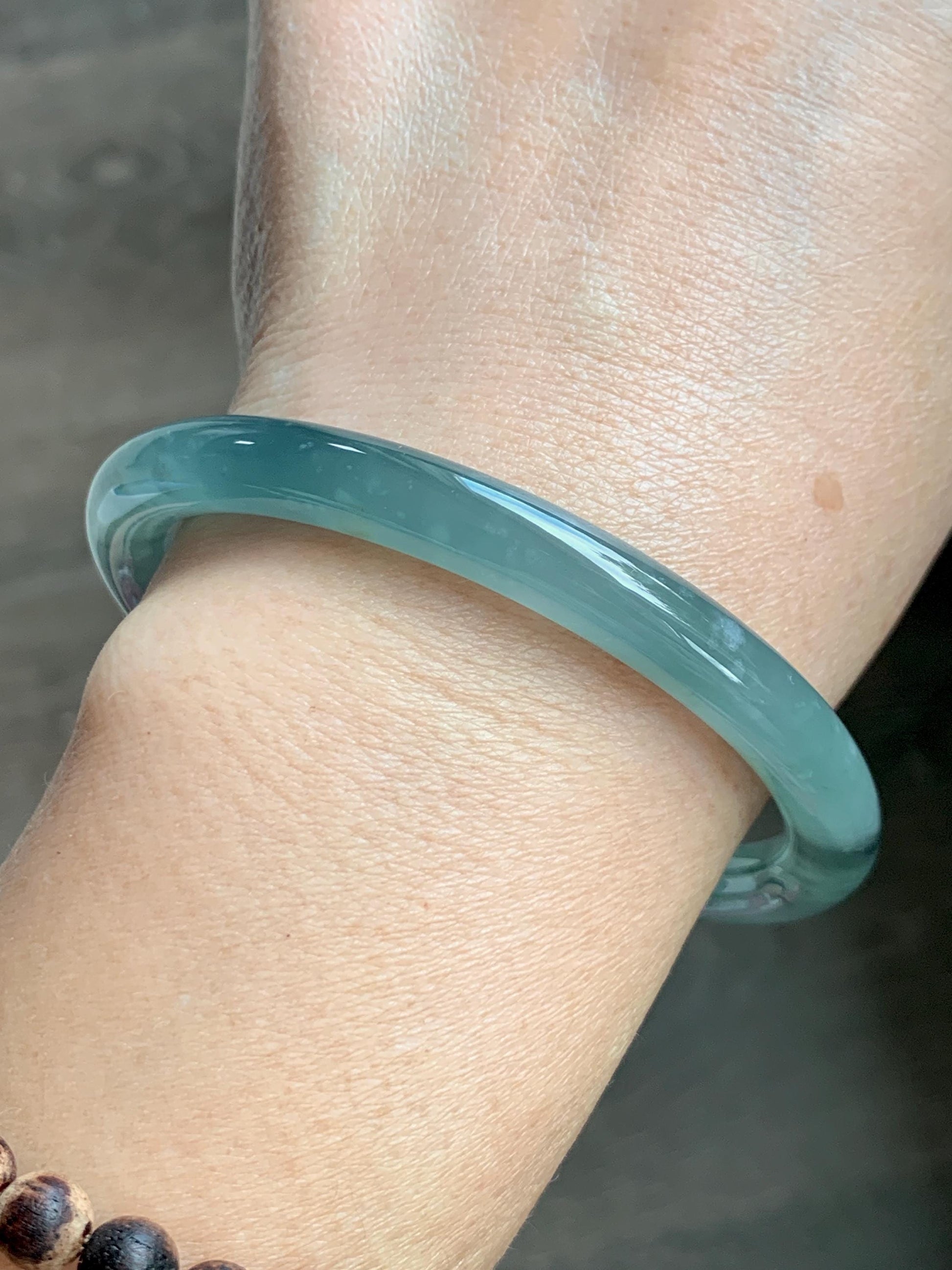 Certified Natural Grade A Guatemalan Icy Translucent Dusty Teal Green Wuji Jade Jadeite Bangle 58.46mm 7.23” 31g 天然冰胶危蓝绿乌鸡翡翠圆条手镯 1182