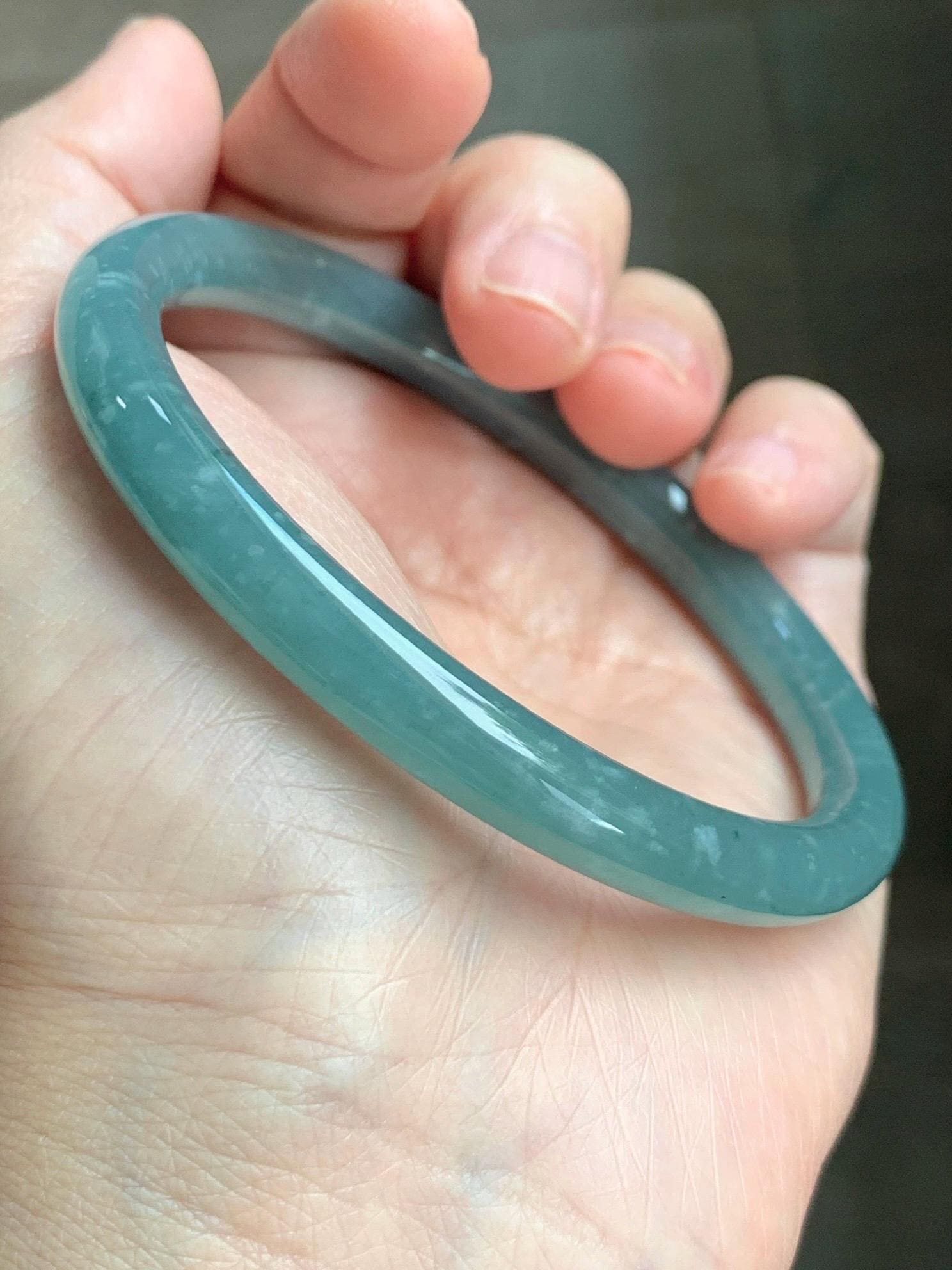 Certified Natural Grade A Guatemalan Icy Translucent Dusty Teal Green Jade Jadeite Bangle 62.7mm 7.75” 33g 天然冰危蓝绿翡翠圆条手镯 1175