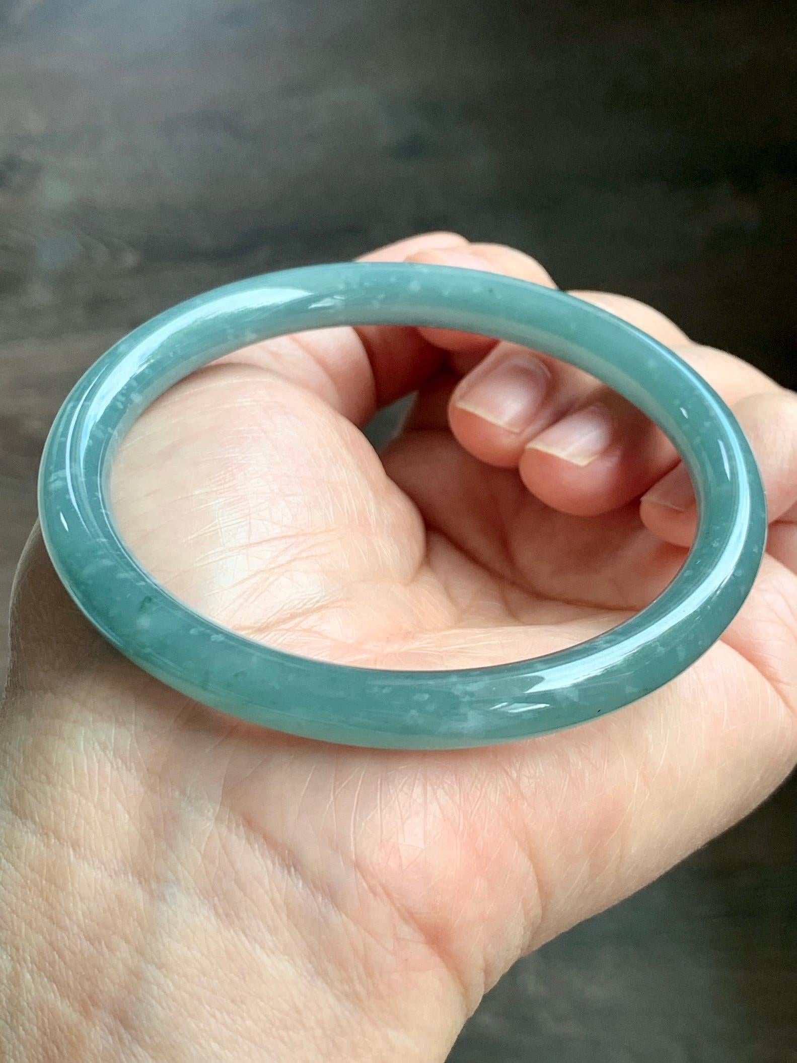 Certified Natural Grade A Guatemalan Icy Translucent Dusty Teal Green Jade Jadeite Bangle 62.7mm 7.75” 33g 天然冰危蓝绿翡翠圆条手镯 1175