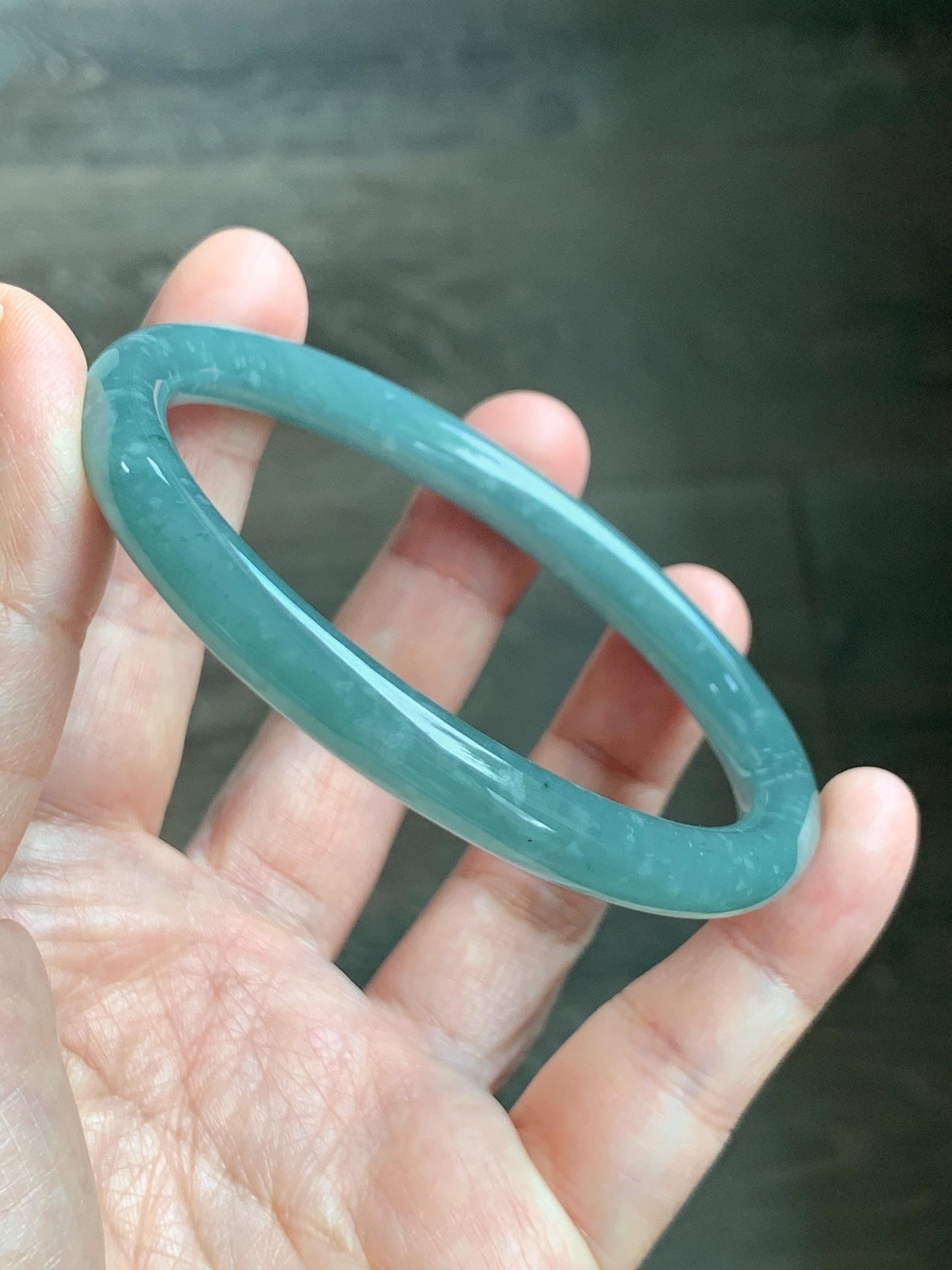 Certified Natural Grade A Guatemalan Icy Translucent Dusty Teal Green Jade Jadeite Bangle 62.7mm 7.75” 33g 天然冰危蓝绿翡翠圆条手镯 1175