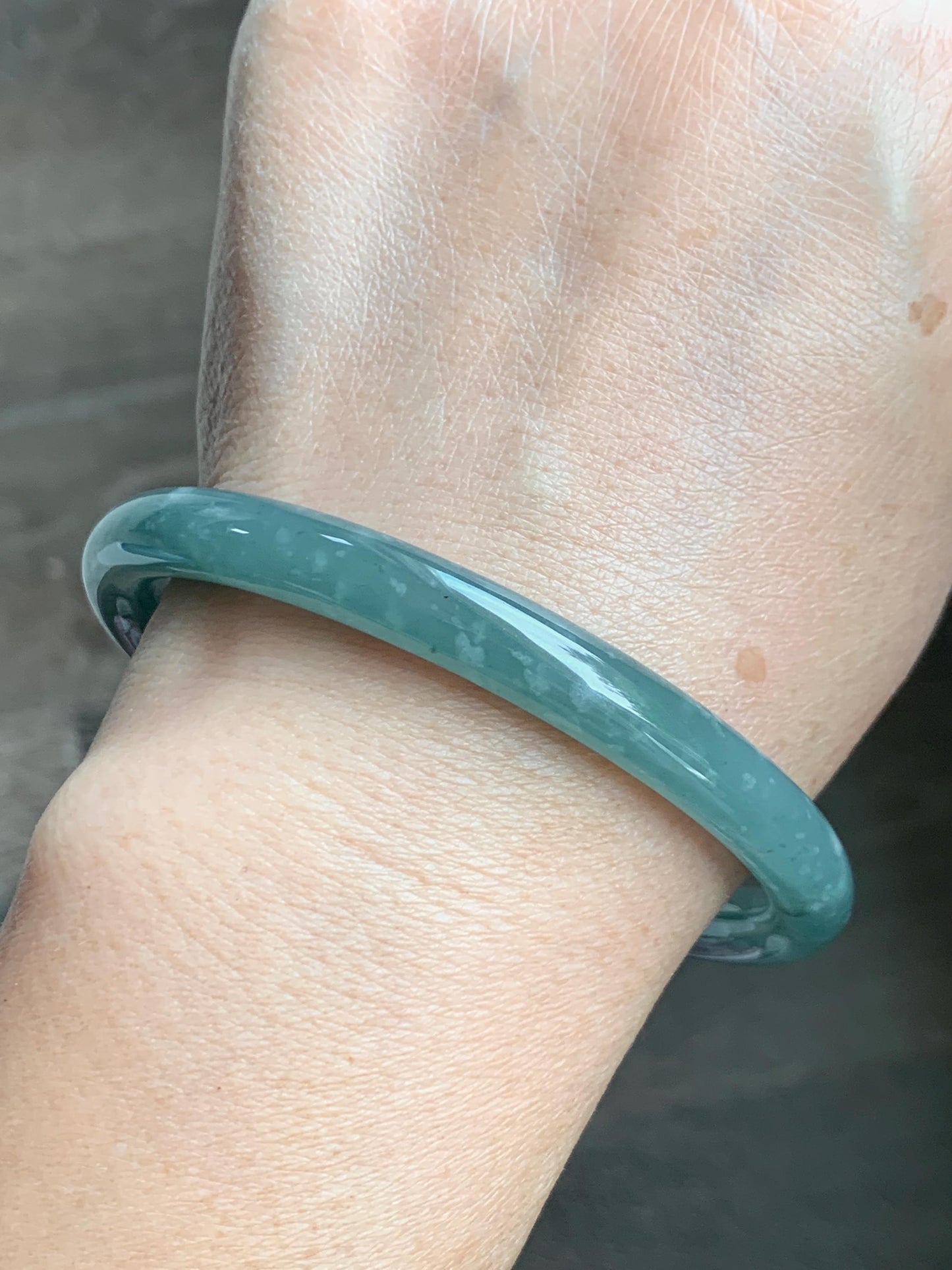 Certified Natural Grade A Guatemalan Icy Translucent Dusty Teal Green Jade Jadeite Bangle 62.7mm 7.75” 33g 天然冰危蓝绿翡翠圆条手镯 1175