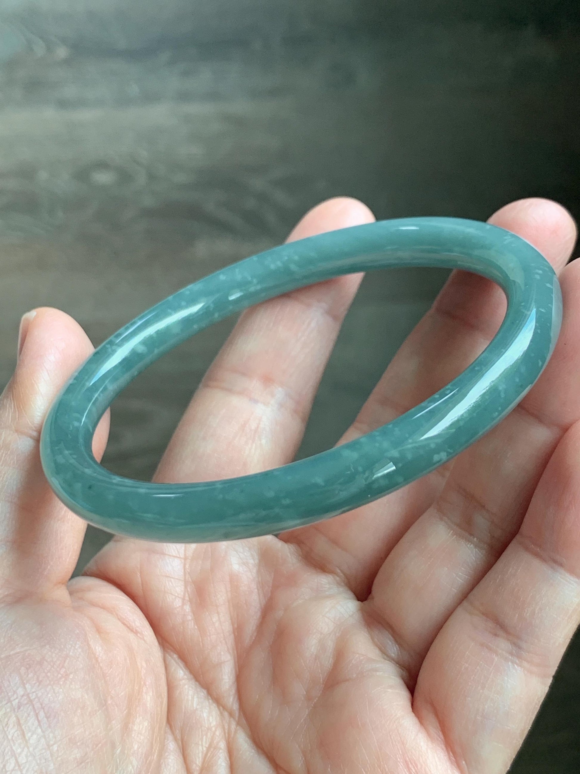 Certified Natural Grade A Guatemalan Icy Translucent Dusty Teal Green Jade Jadeite Bangle 62.7mm 7.75” 33g 天然冰危蓝绿翡翠圆条手镯 1175