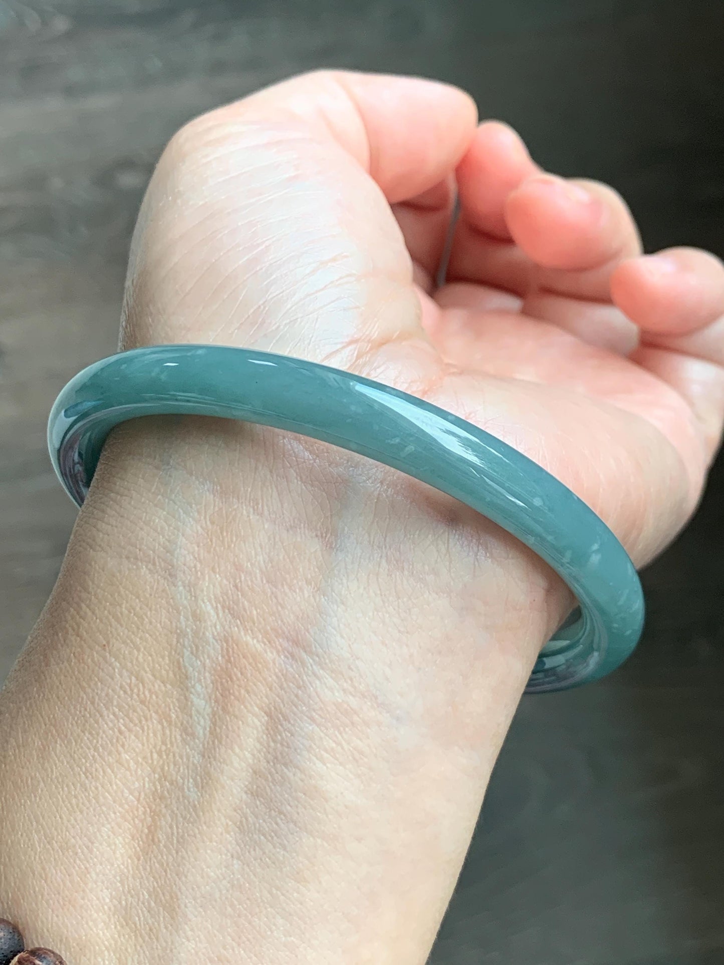 Certified Natural Grade A Guatemalan Icy Translucent Dusty Teal Green Jade Jadeite Bangle 62.7mm 7.75” 33g 天然冰危蓝绿翡翠圆条手镯 1175