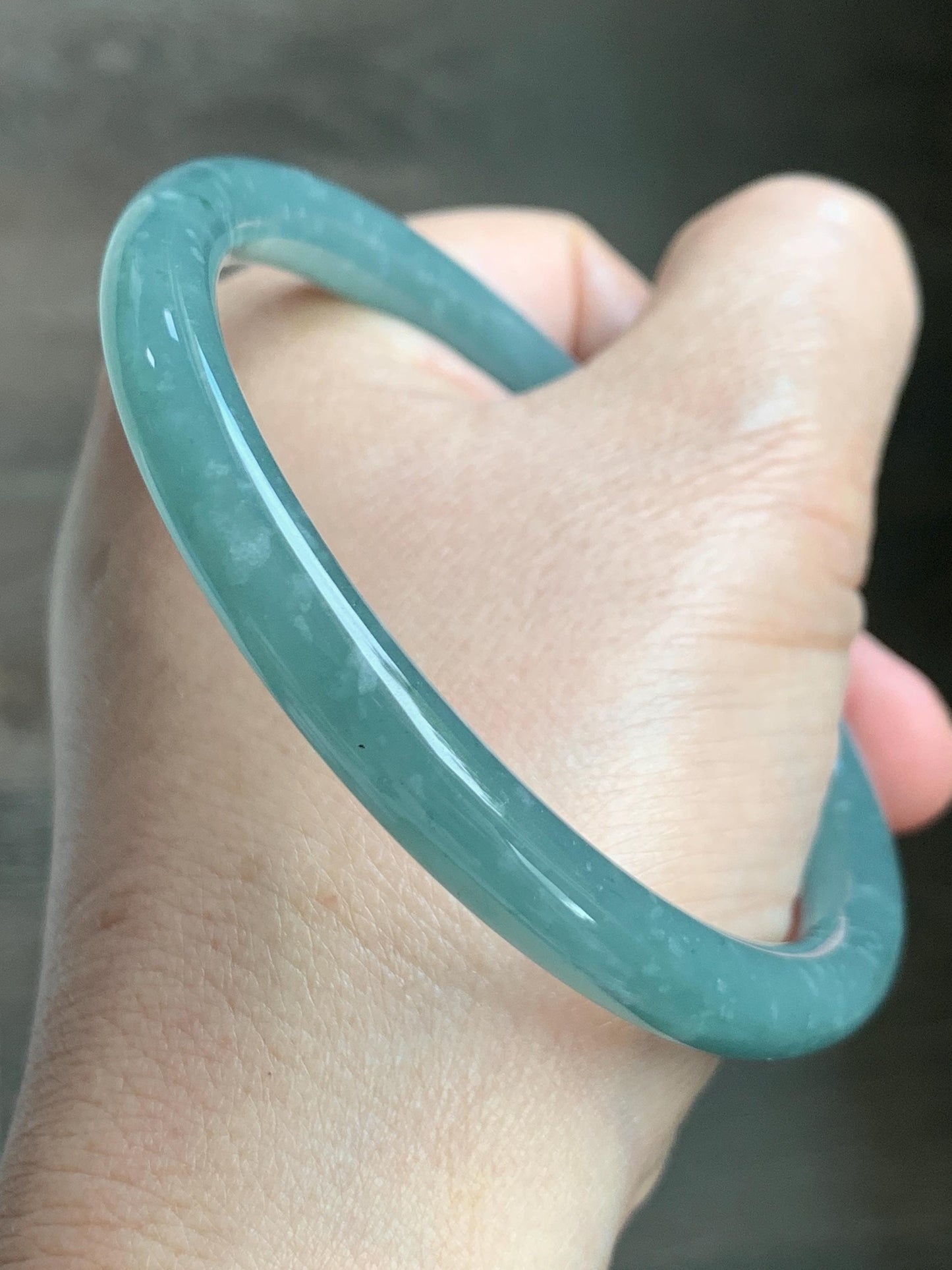Certified Natural Grade A Guatemalan Icy Translucent Dusty Teal Green Jade Jadeite Bangle 62.7mm 7.75” 33g 天然冰危蓝绿翡翠圆条手镯 1175
