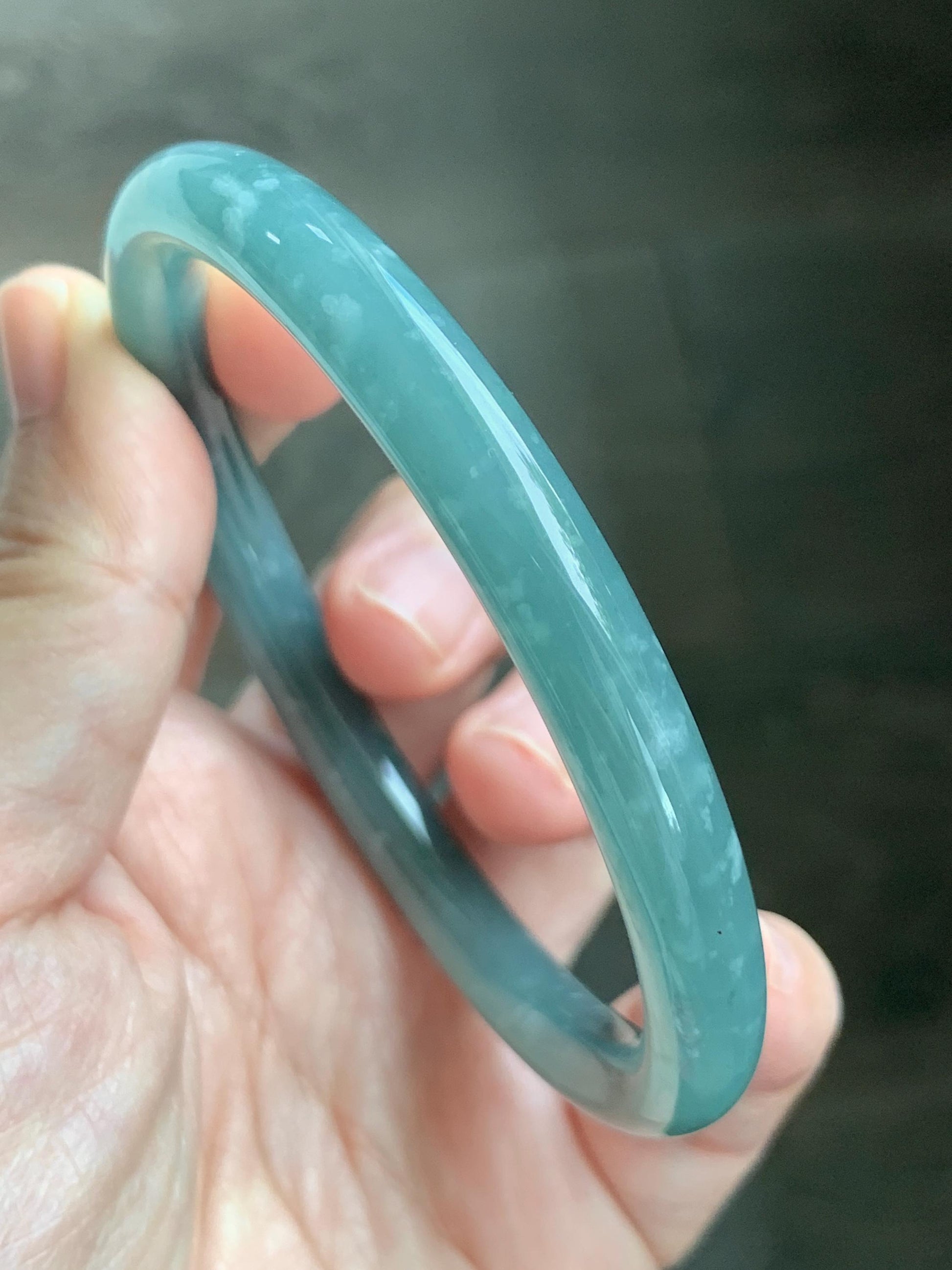 Certified Natural Grade A Guatemalan Icy Translucent Dusty Teal Green Jade Jadeite Bangle 62.7mm 7.75” 33g 天然冰危蓝绿翡翠圆条手镯 1175
