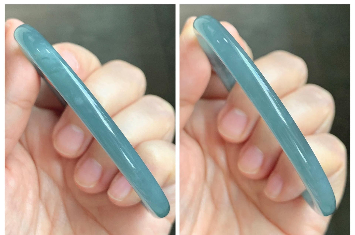 Certified Natural Grade A Guatemalan Icy Translucent Dusty Teal Blue Jade Jadeite Slim Bangle 60.07mm 7.42” 21g 天然冰胶危蓝绿翡翠细圆条手镯 1210