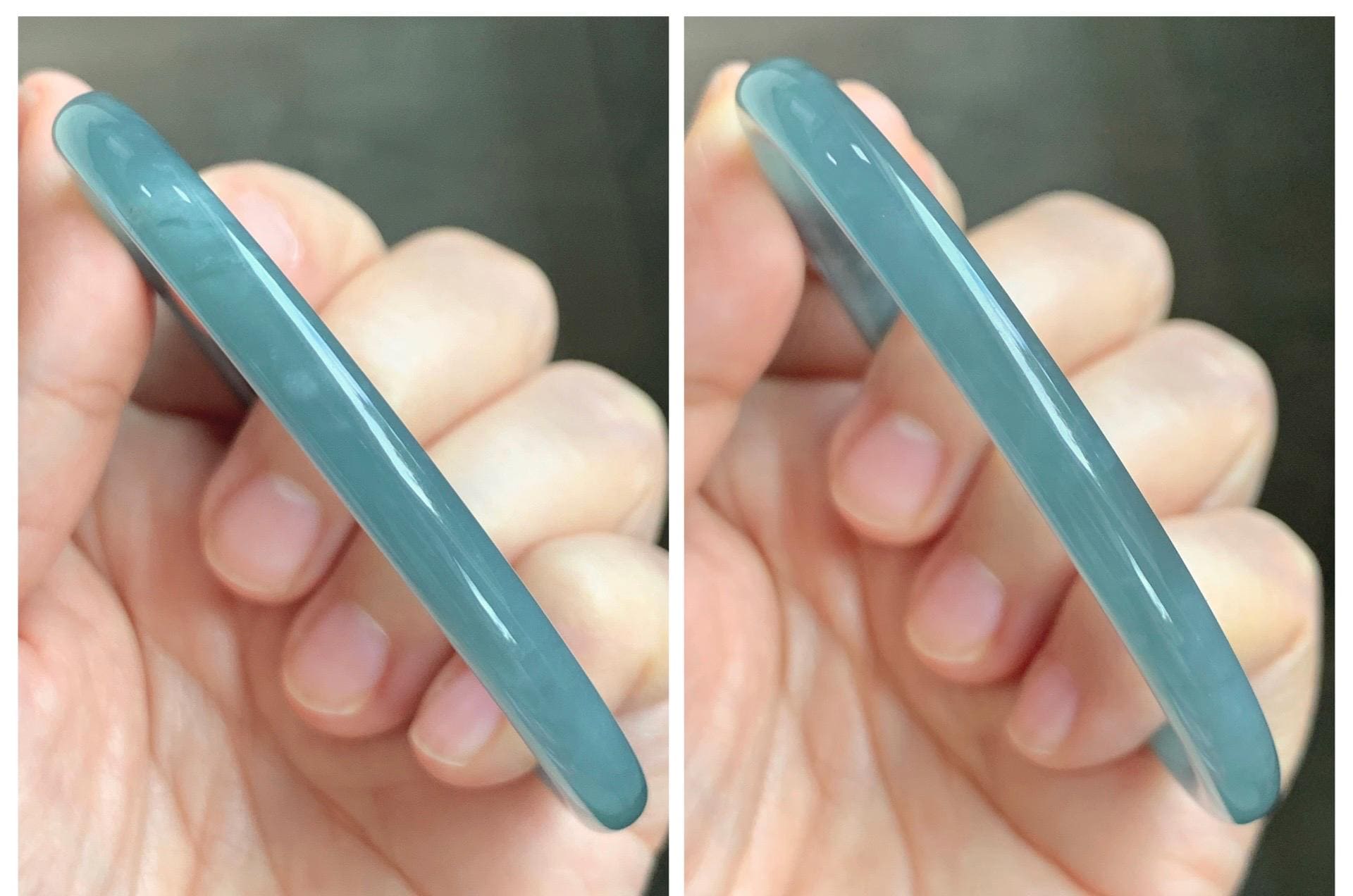 Certified Natural Grade A Guatemalan Icy Translucent Dusty Teal Blue Jade Jadeite Slim Bangle 60.07mm 7.42” 21g 天然冰胶危蓝绿翡翠细圆条手镯 1210