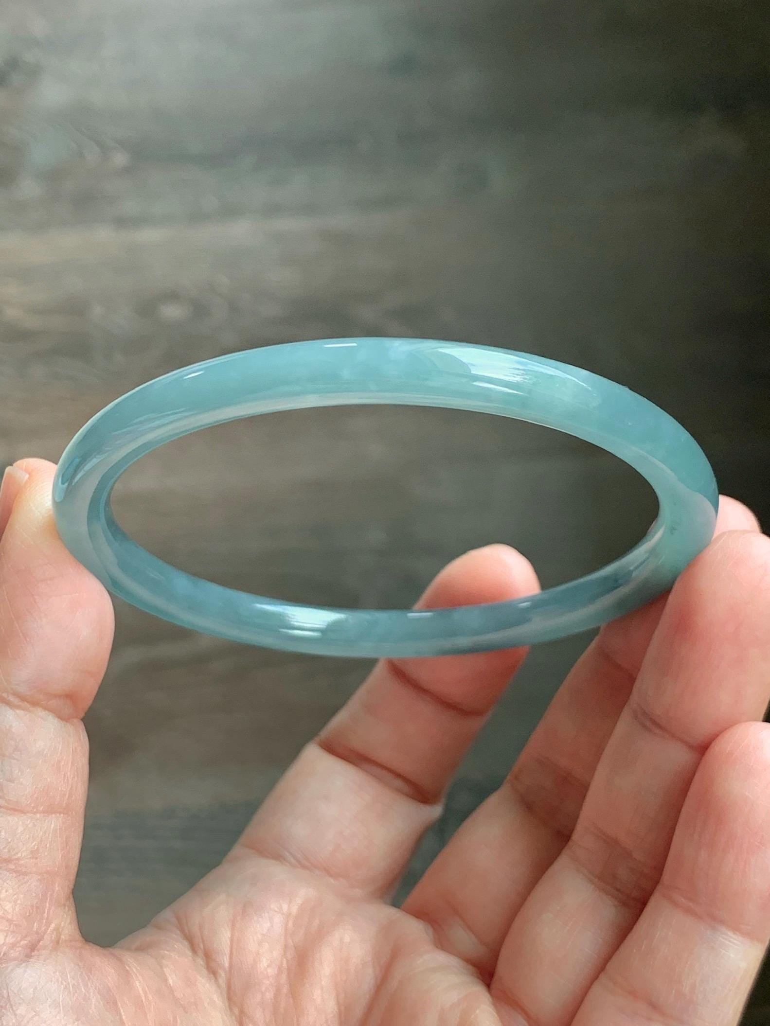 Certified Natural Grade A Guatemalan Icy Translucent Dusty Teal Blue Jade Jadeite Slim Bangle 60.07mm 7.42” 21g 天然冰胶危蓝绿翡翠细圆条手镯 1210