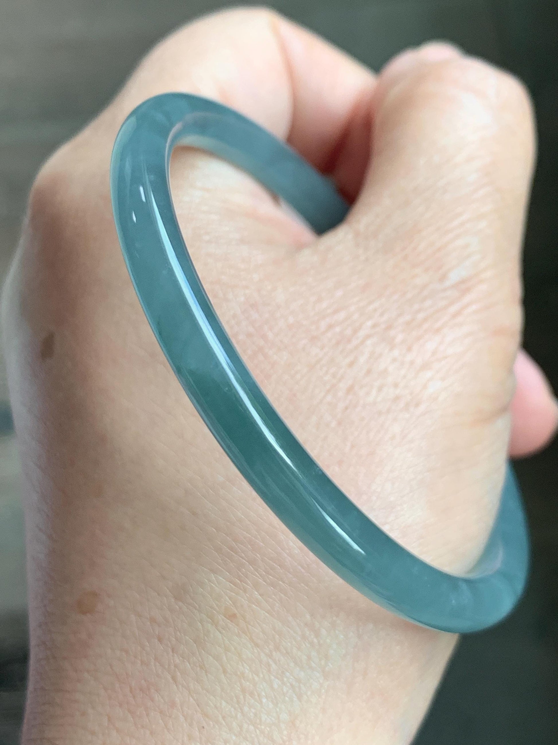 Certified Natural Grade A Guatemalan Icy Translucent Dusty Teal Blue Jade Jadeite Slim Bangle 60.07mm 7.42” 21g 天然冰胶危蓝绿翡翠细圆条手镯 1210