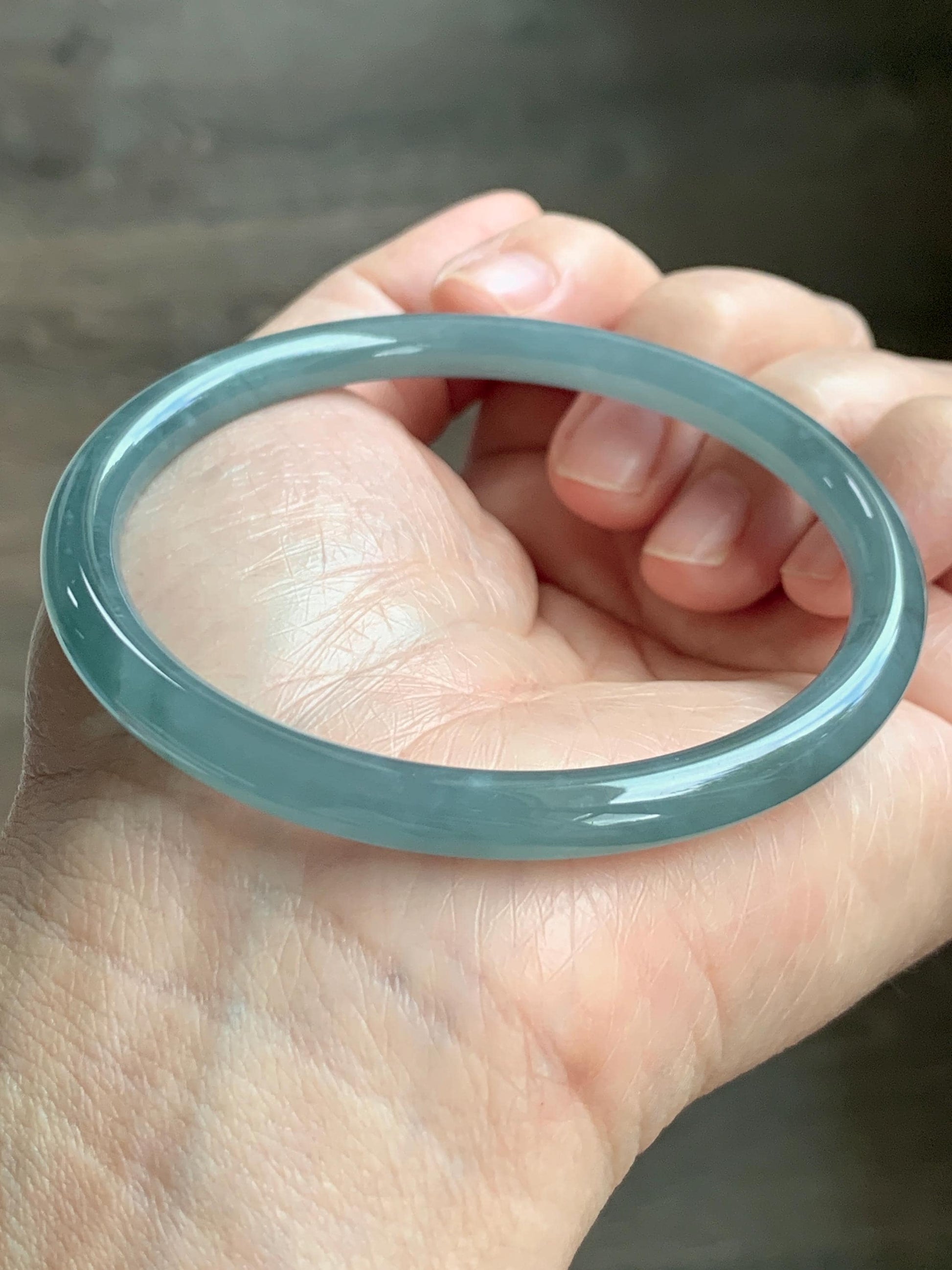 Certified Natural Grade A Guatemalan Icy Translucent Dusty Teal Blue Jade Jadeite Slim Bangle 60.07mm 7.42” 21g 天然冰胶危蓝绿翡翠细圆条手镯 1210