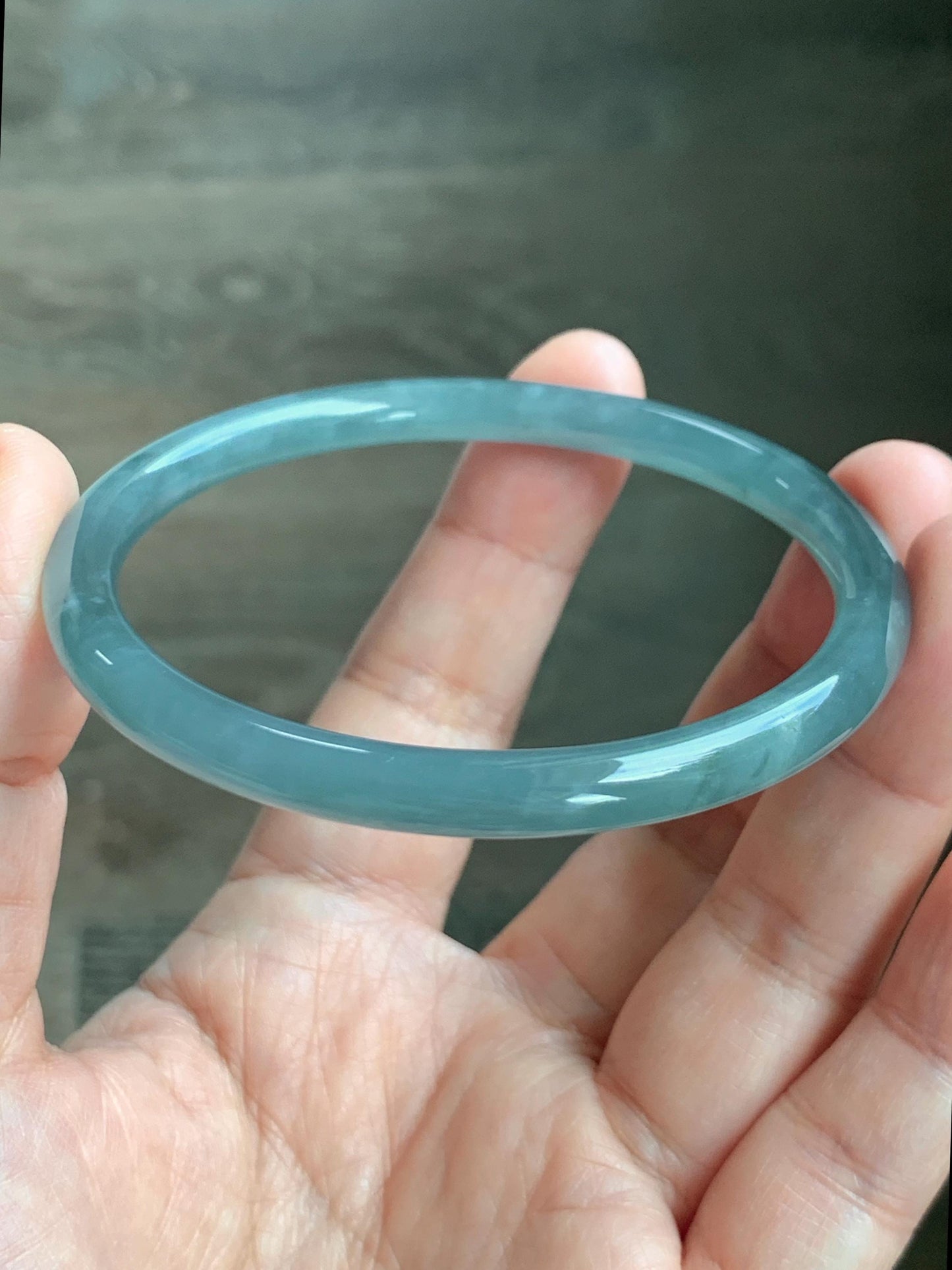 Certified Natural Grade A Guatemalan Icy Translucent Dusty Teal Blue Jade Jadeite Slim Bangle 60.07mm 7.42” 21g 天然冰胶危蓝绿翡翠细圆条手镯 1210
