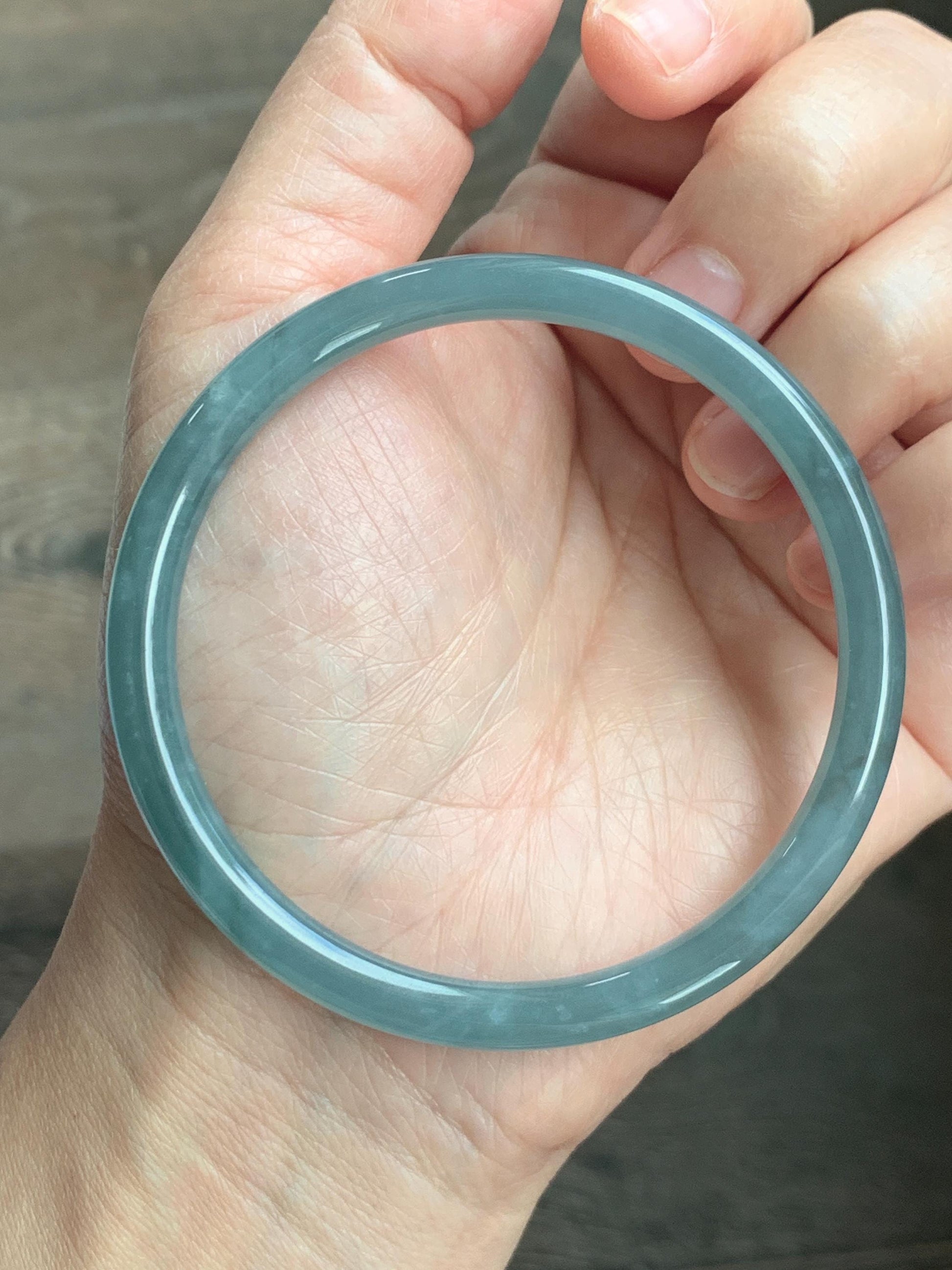 Certified Natural Grade A Guatemalan Icy Translucent Dusty Teal Blue Jade Jadeite Slim Bangle 60.07mm 7.42” 21g 天然冰胶危蓝绿翡翠细圆条手镯 1210