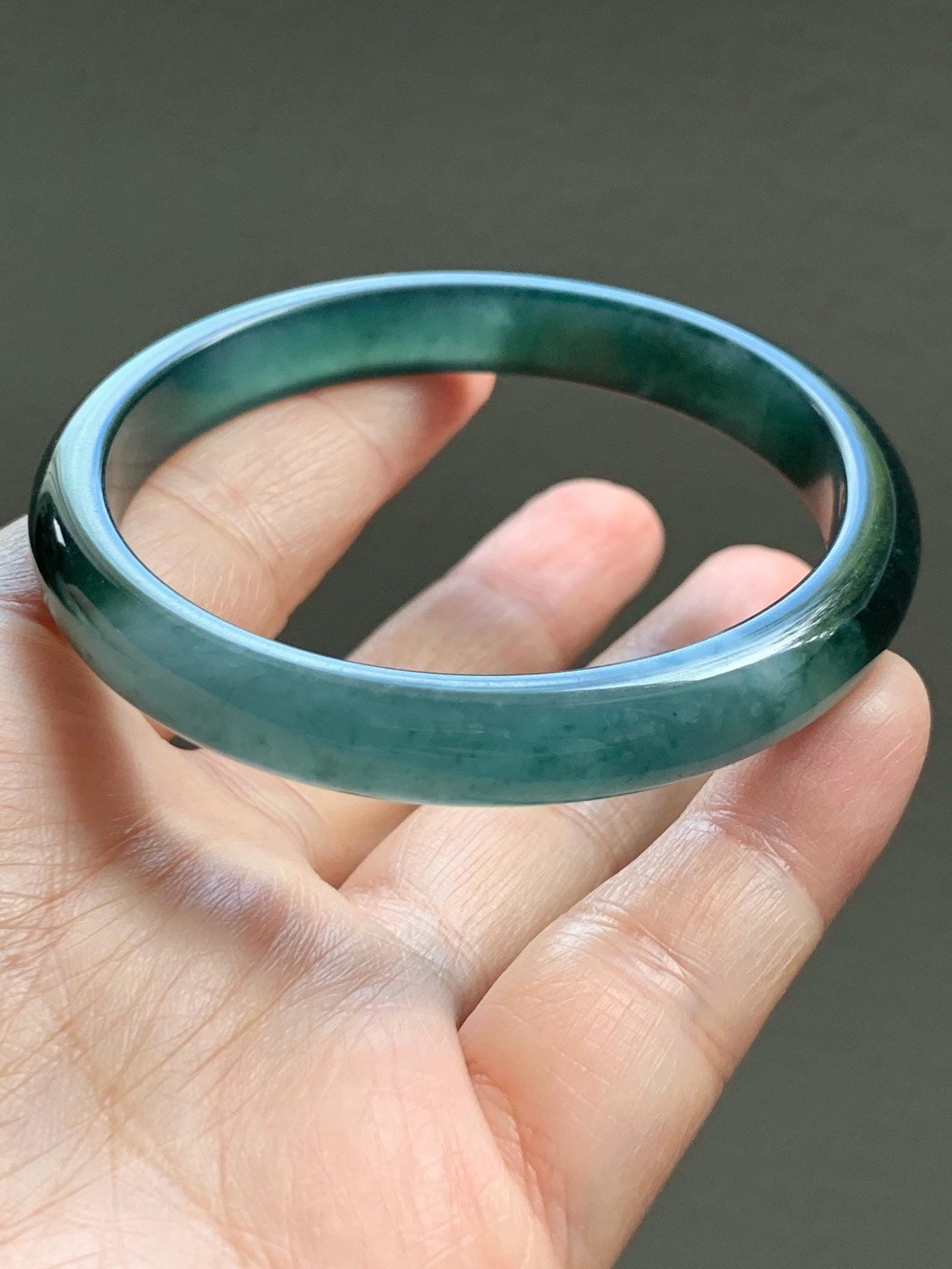 Certified Natural Grade A Guatemalan Icy Translucent Dark Teal Green Jade Jadeite Wide Bangle 56.63mm 7” 32g 天然冰危深蓝绿翡翠正圈宽版手镯 1189