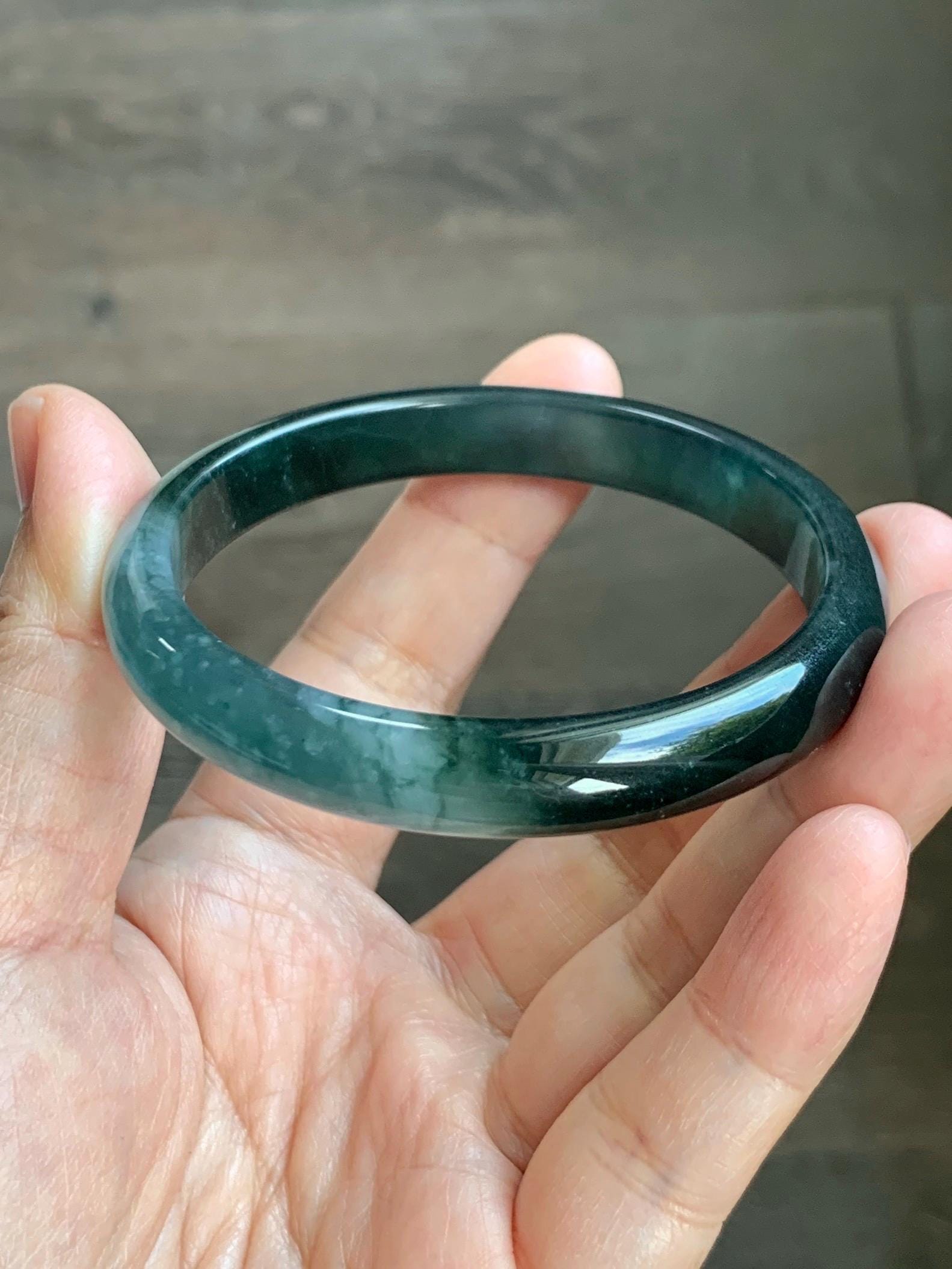 Certified Natural Grade A Guatemalan Icy Translucent Dark Teal Green Jade Jadeite Wide Bangle 56.63mm 7” 32g 天然冰危深蓝绿翡翠正圈宽版手镯 1189