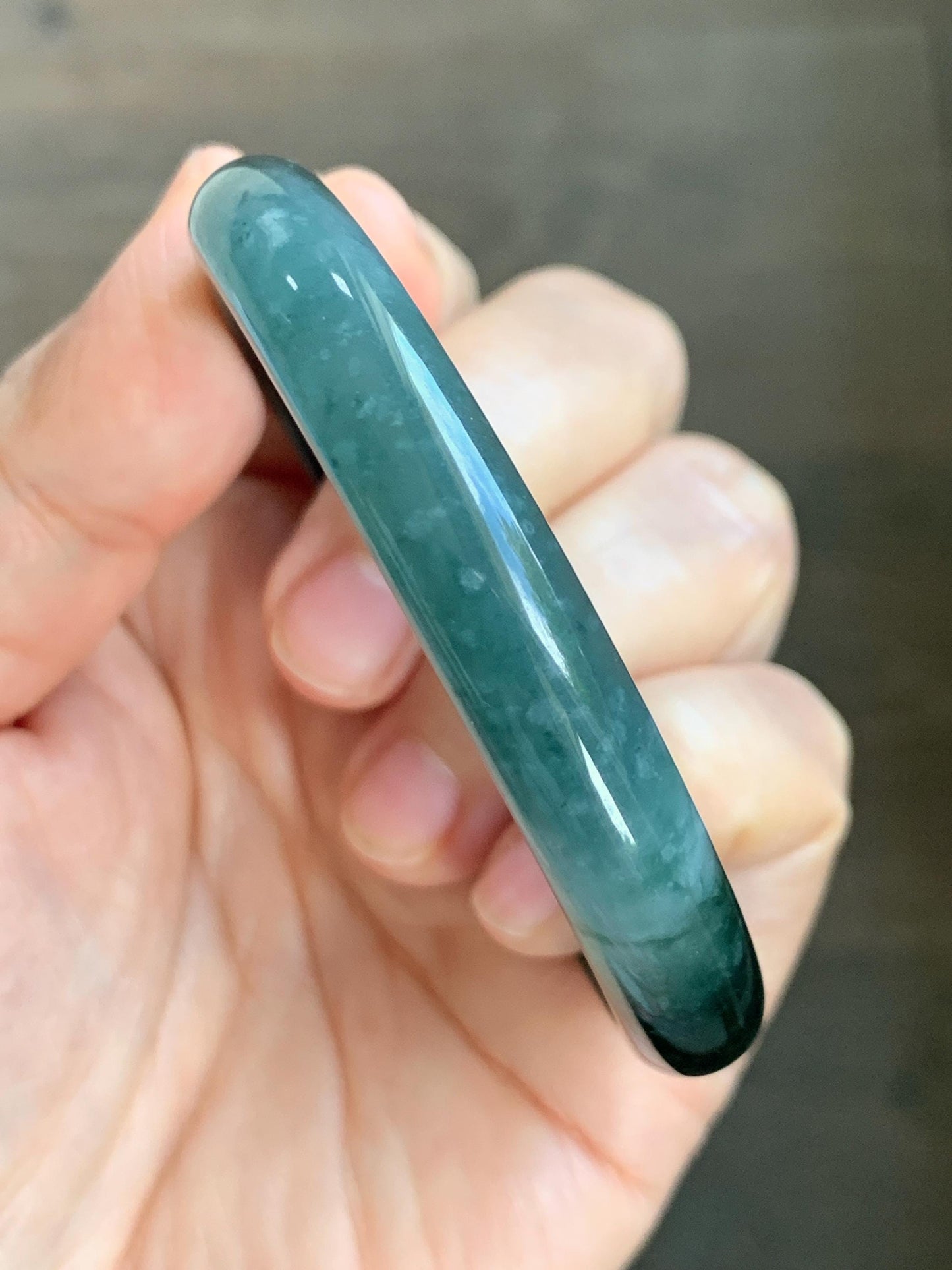 Certified Natural Grade A Guatemalan Icy Translucent Dark Teal Green Jade Jadeite Wide Bangle 56.63mm 7” 32g 天然冰危深蓝绿翡翠正圈宽版手镯 1189