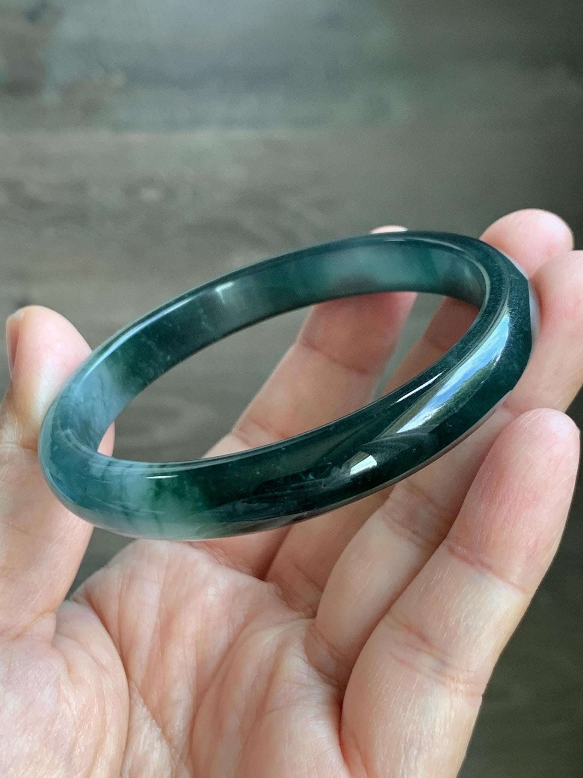 Certified Natural Grade A Guatemalan Icy Translucent Dark Teal Green Jade Jadeite Wide Bangle 56.63mm 7” 32g 天然冰危深蓝绿翡翠正圈宽版手镯 1189