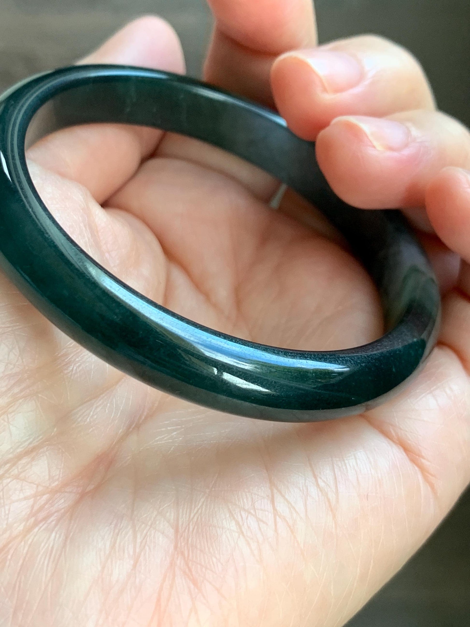 Certified Natural Grade A Guatemalan Icy Translucent Dark Teal Green Jade Jadeite Wide Bangle 56.63mm 7” 32g 天然冰危深蓝绿翡翠正圈宽版手镯 1189