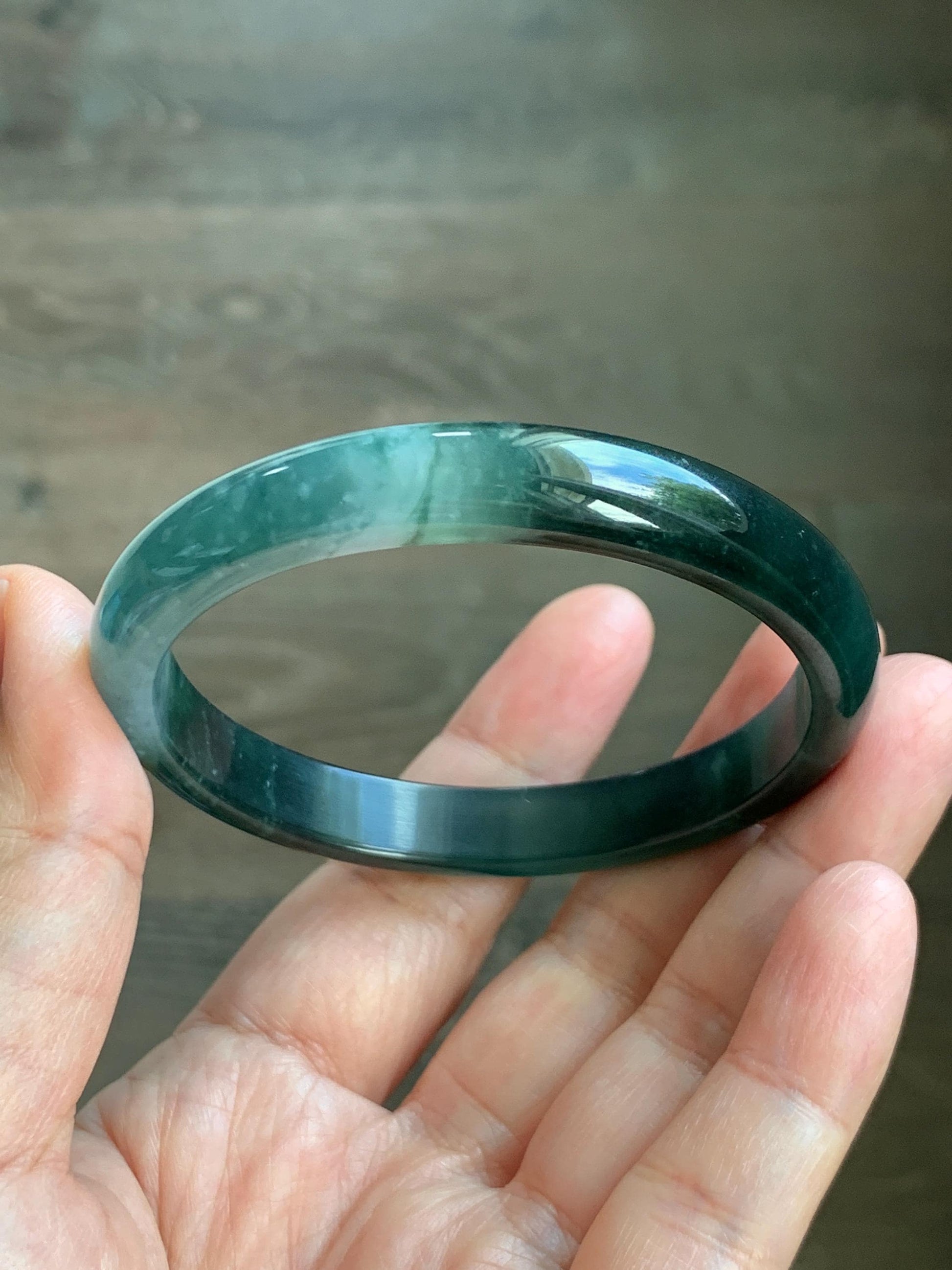 Certified Natural Grade A Guatemalan Icy Translucent Dark Teal Green Jade Jadeite Wide Bangle 56.63mm 7” 32g 天然冰危深蓝绿翡翠正圈宽版手镯 1189