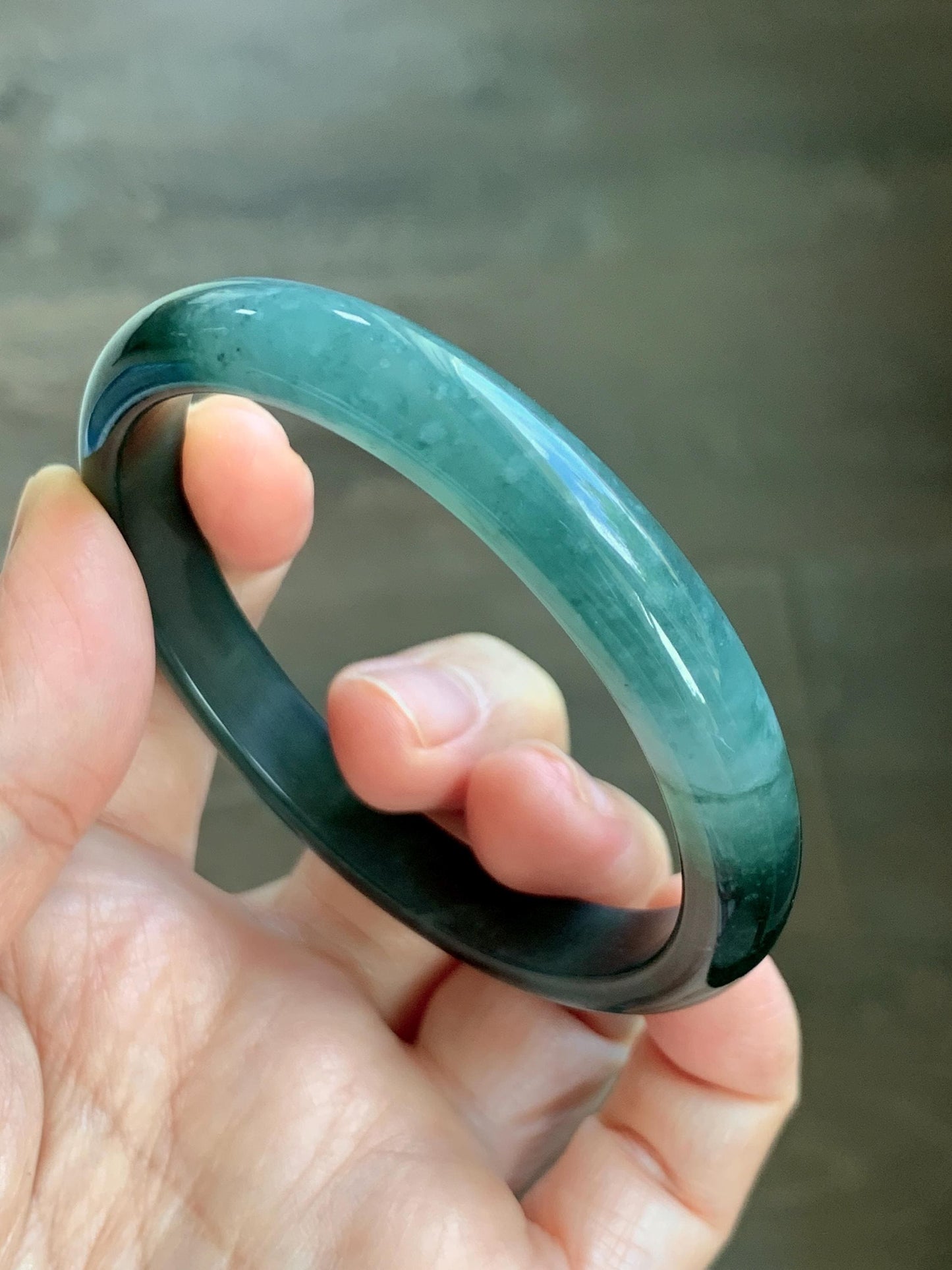 Certified Natural Grade A Guatemalan Icy Translucent Dark Teal Green Jade Jadeite Wide Bangle 56.63mm 7” 32g 天然冰危深蓝绿翡翠正圈宽版手镯 1189